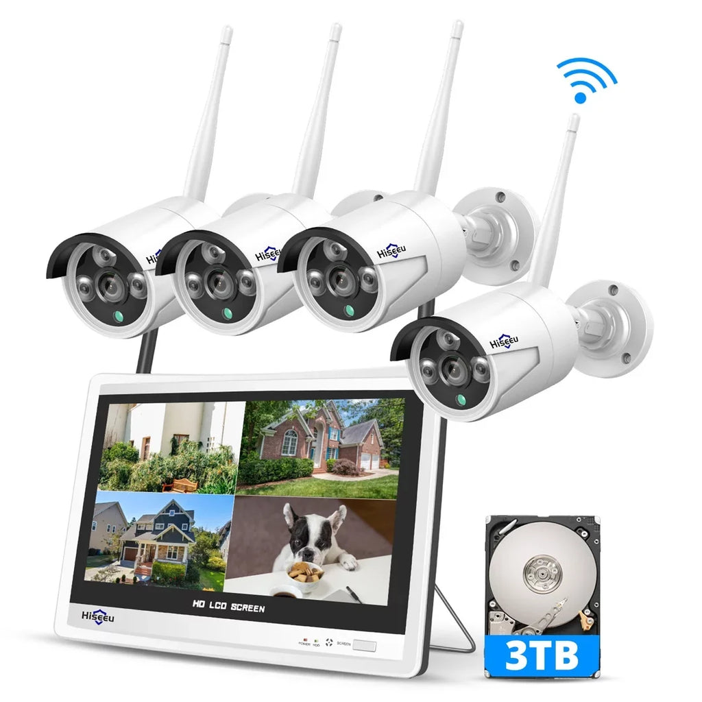 Security for 3MP System Wifi Remote Camera Camera 4Pcs Hard View, Security 12.1" (Supports Cameras Wireless Wi-Fi) Monitor, Only 2.4Ghz Hiseeu with Recording Home Security Drive, and 3TB System