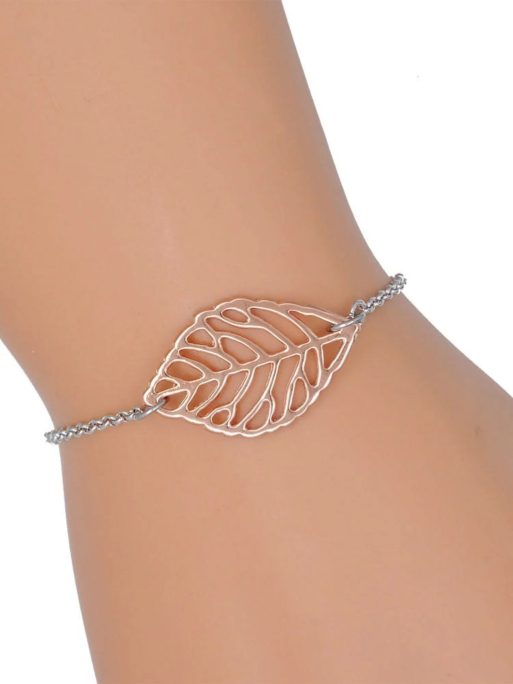 Four Delight Leaf Delicate Leaf 6.25+1.75" Silvertone Bracelet, - Clover Jewelry Rose Antiqued Goldtone