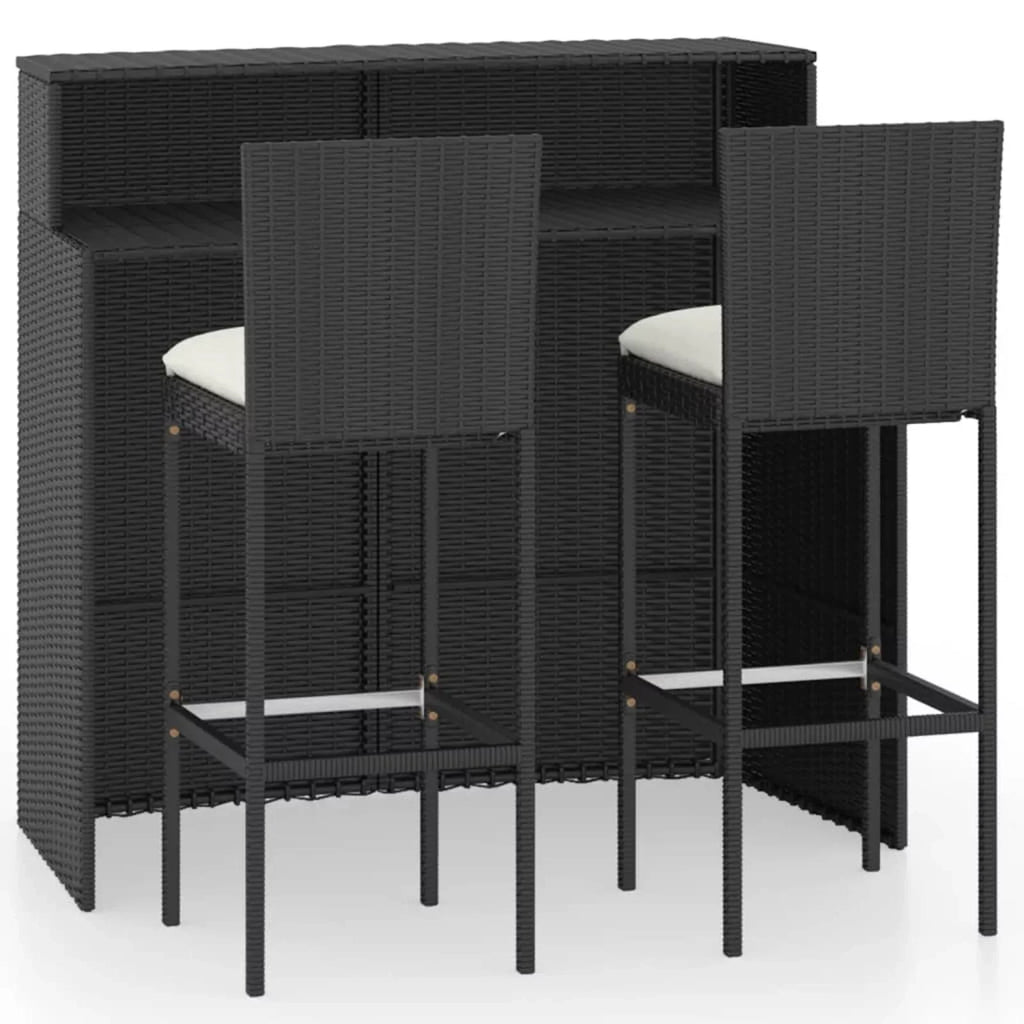 Furniture Garden, Stool 2 Balcony, Chair Patio, Bar Piece Set for 3 Poly and Outdoor Footrest Bar Black Backyard, Patio Bar Table Cushioned with Rattan Backrest Anself and