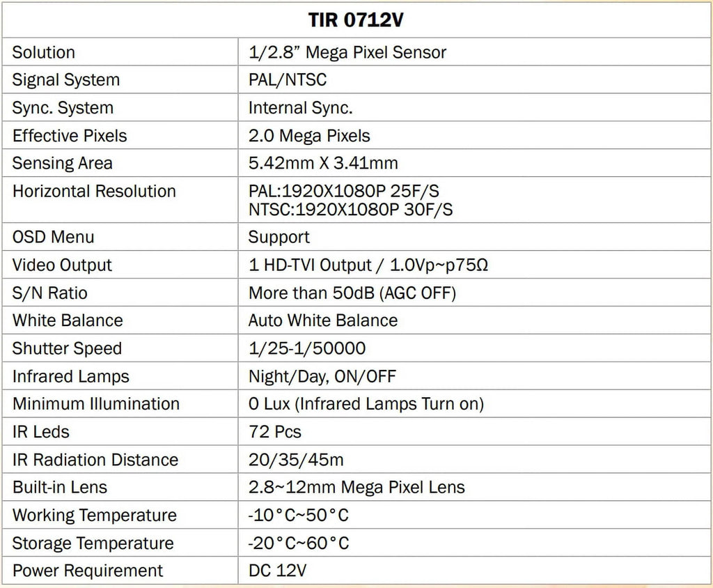 DC Bullet TIR-0712V 72 Outdoor HD-TVI Camera, 2.8-12mm, Eyemax 2MP LED 12V IR