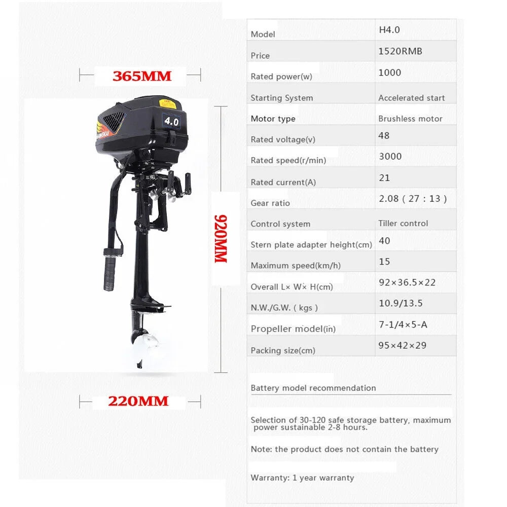 Engine Miumaeov 4 Brushless Motor Electric 1000W Outboard Boat Motor Trolley HP