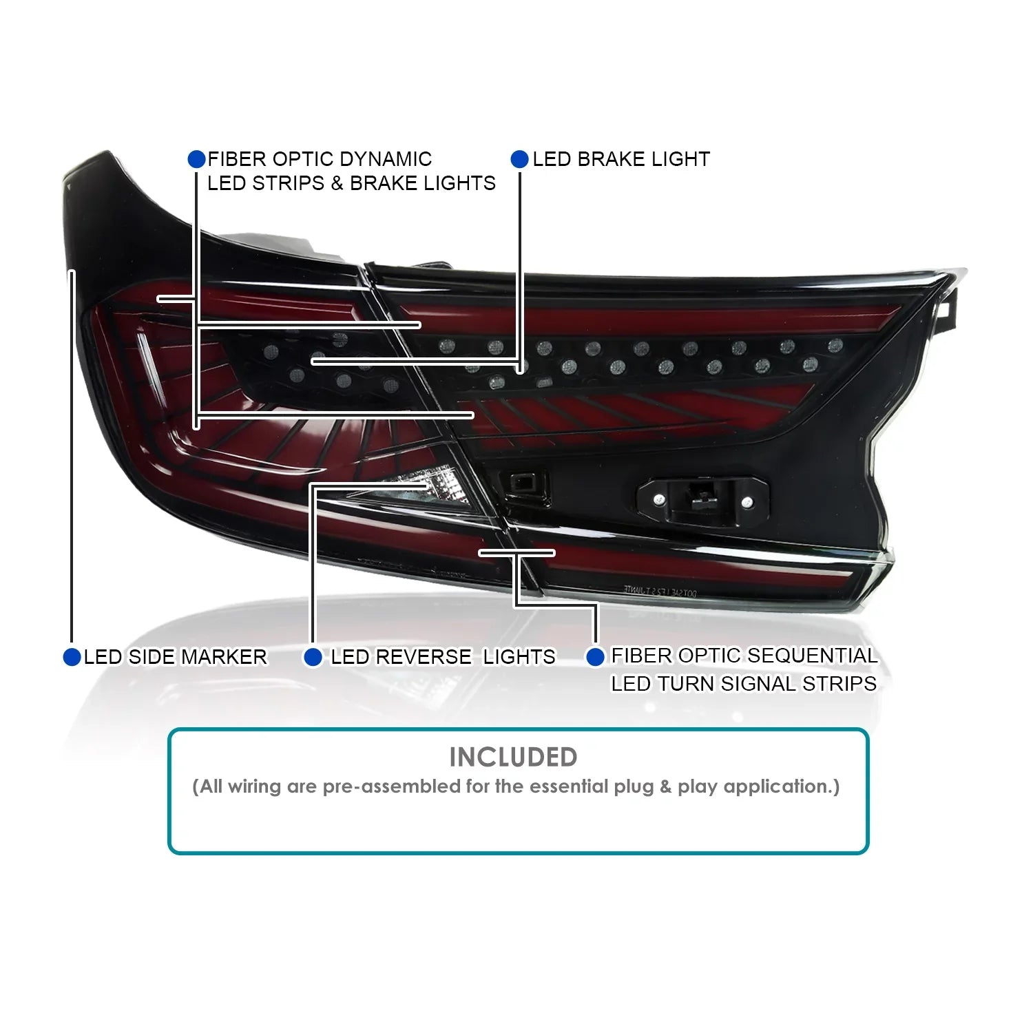 Left Tail Compatible Dynamic Accord Red Light Lights Right Tuning + 2018-2022 Sedan Housing Bar 4Dr with with Pair Lens Black Honda Assembly Spec-D Sequential LED Smoke