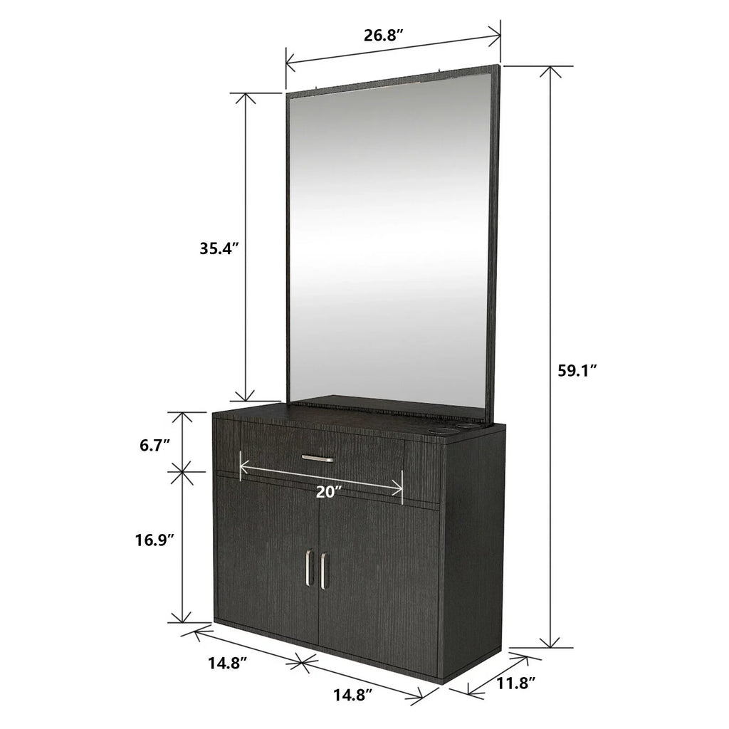 Salon with (Black) Makeup Mirror, Hair Hand Artist 2 Station Mount Styling Drawer, Barber Spa Doors Wall