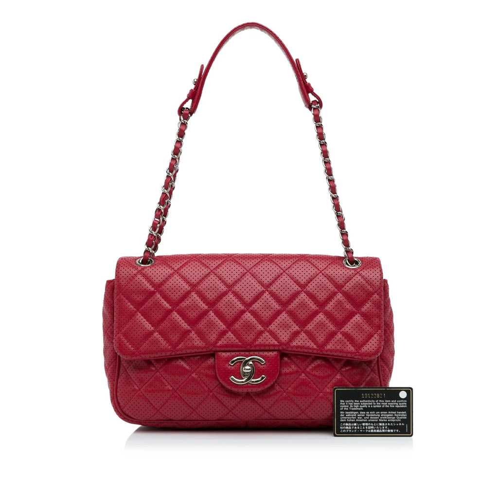 Classic Pre-Owned Chanel Single Bag Lambskin Authenticated Red (Good) Shoulder Perforated Leather Unisex Jumbo Flap