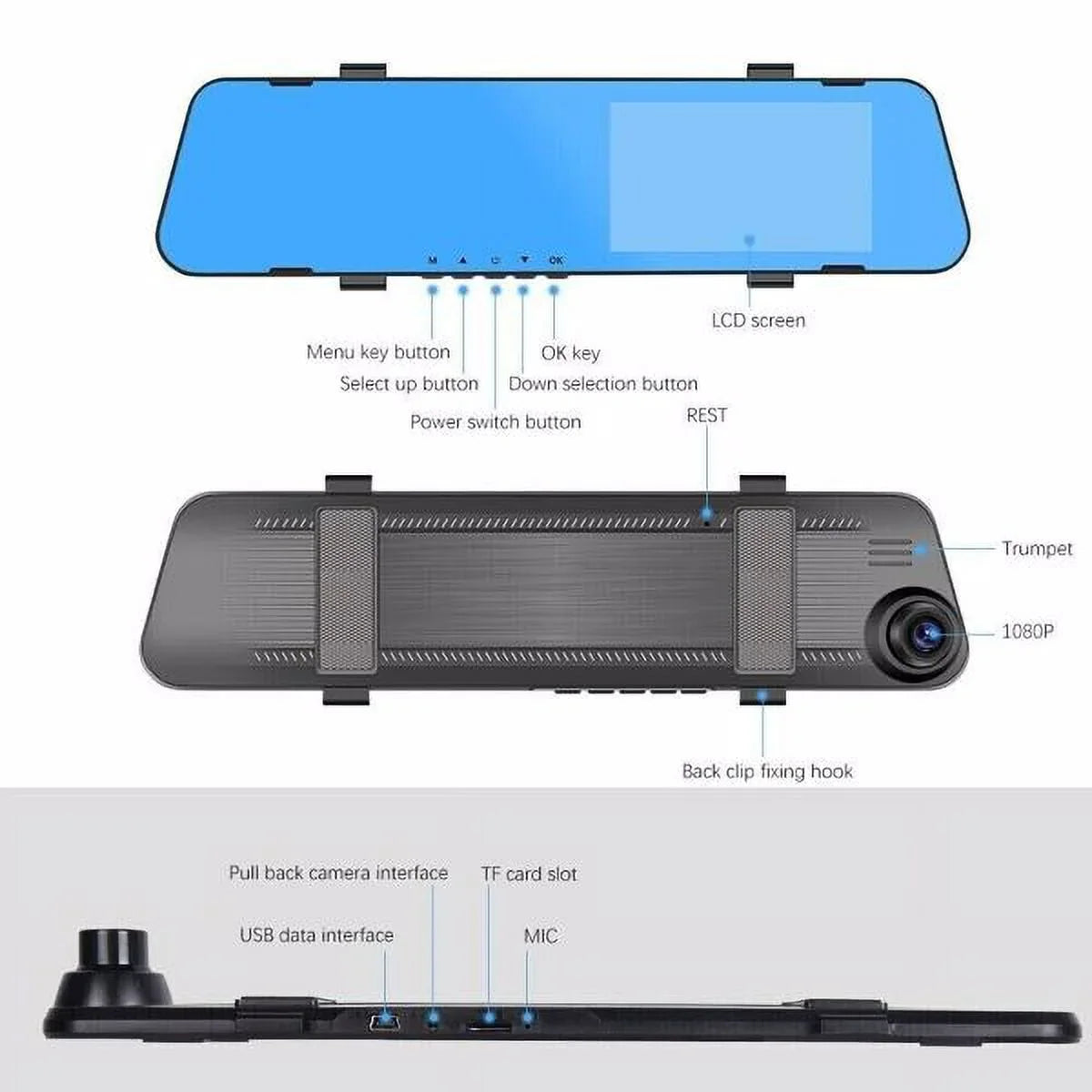 HD Cam Dual Rear Video 1080P DVR Dash Recorder Fithood Mirror Front Rearview Car Camera