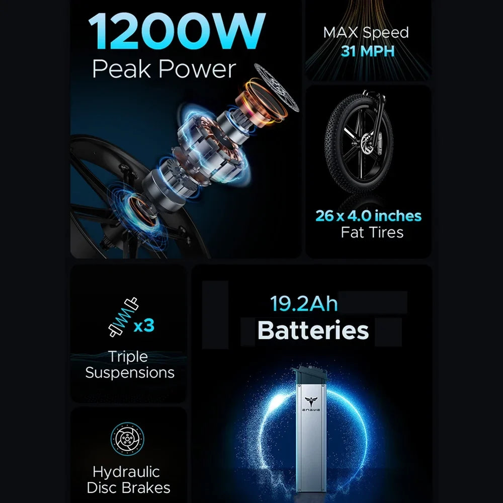 Electric E-bike Snow All-terrain Bike,19.2ah Tire Bike 8 Speed Bike 48v 1000w Speed Maximum ENGWE Tire 31mph 8 Fat E-bike Speed Maximum