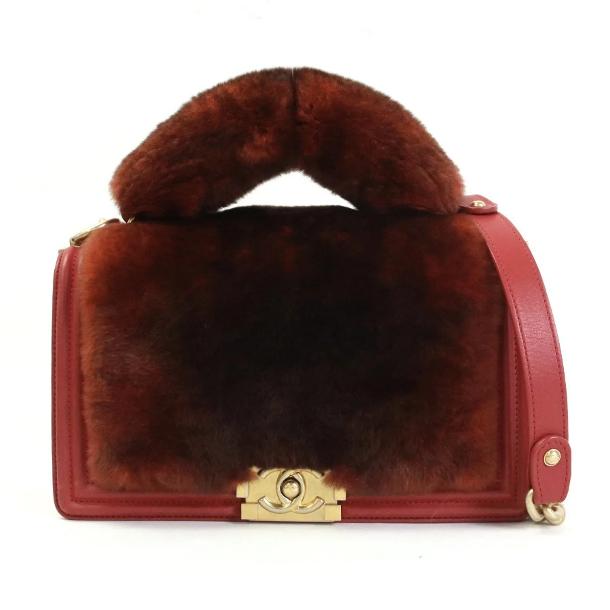brown Pre-Owned e55871a gold Chanel ladies handbag shoulder diagonal boy red fur/leather bag CHANEL (Good)