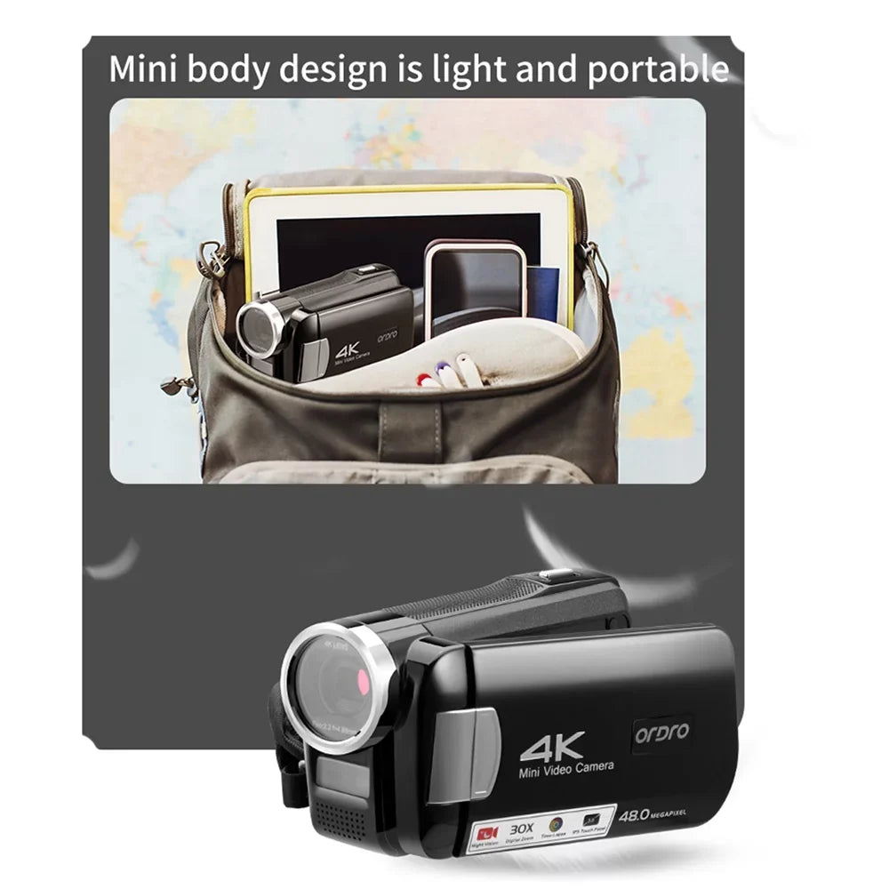 Remote Control, 30X with Battery, 48MP, Carry and Camcorder Bag Night ORDRO Digital 4K IPS AC2 3.0 Vision, Zoom, Included Touchscreen, Digital Inch IR