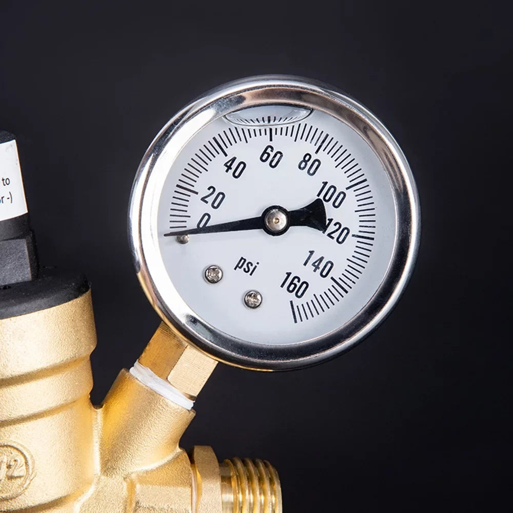 Lead-Free - Adjustable Water Travel Inlet and Gauge with Filter, Valve 0-160PSI Regulator Ideal Pressure Brass, and Screened for Trailers RV