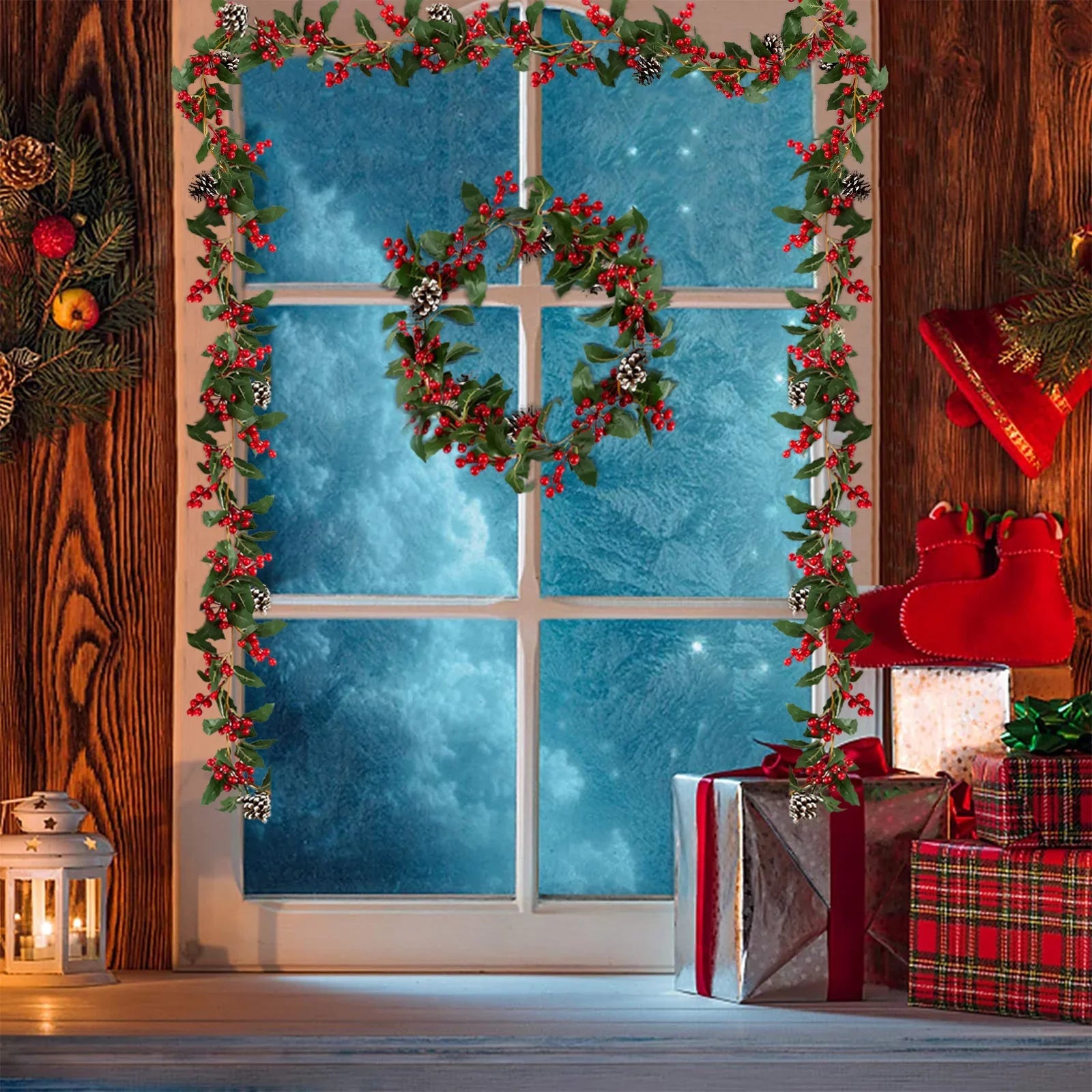 Berry Christmas Pcs Blosmon Door DIY Christmas Garland Fireplace for Kitchen Red 5.9Ft Party Leaves Outdoor 2 Holiday Garland Decor Decorations Artificial Indoor Pinecones