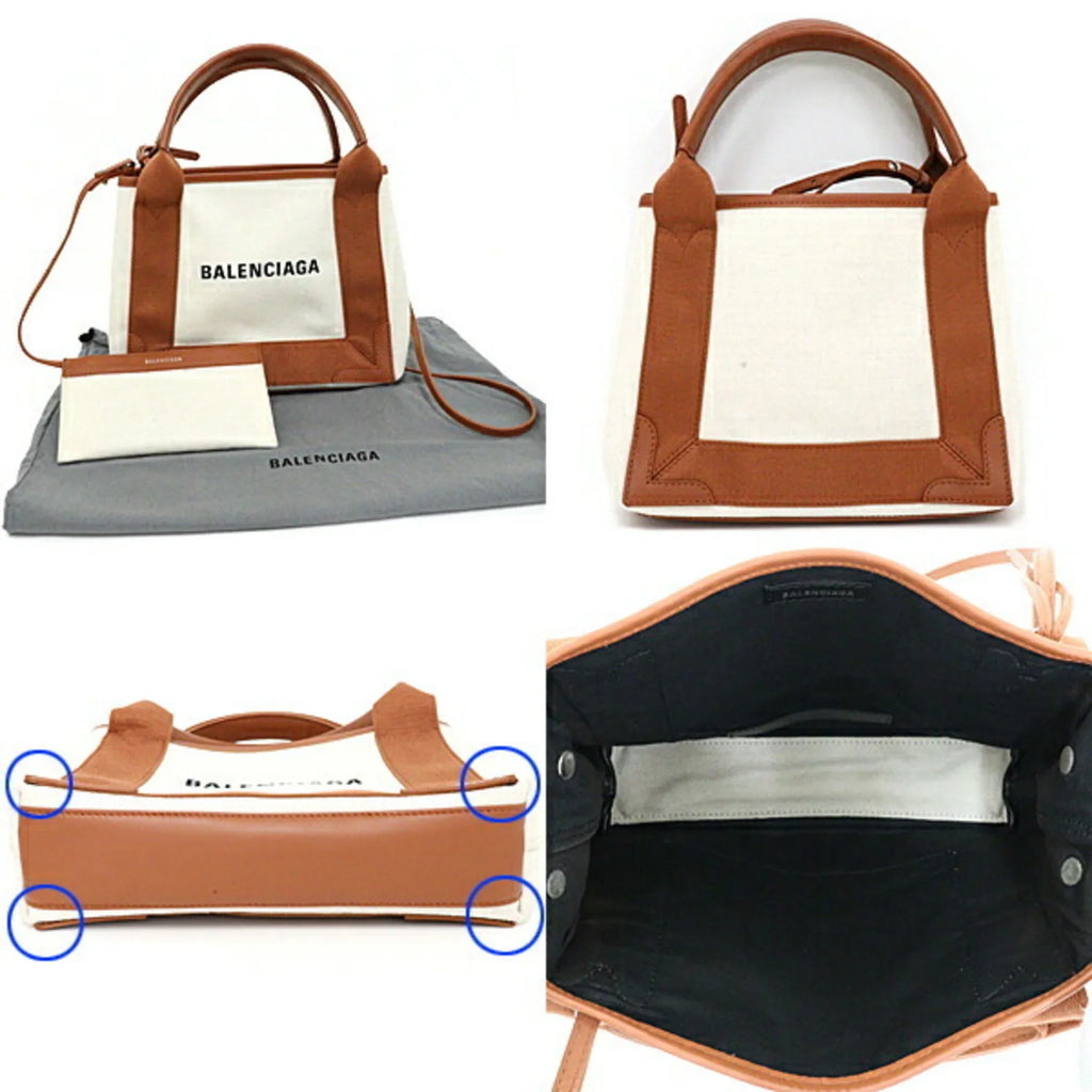 NAVY (Good) Balenciaga & Tote Beige XS Navy Cabas Pre-Owned Canvas A Calfskin Light 2way Bag 390346 Cotton Brown