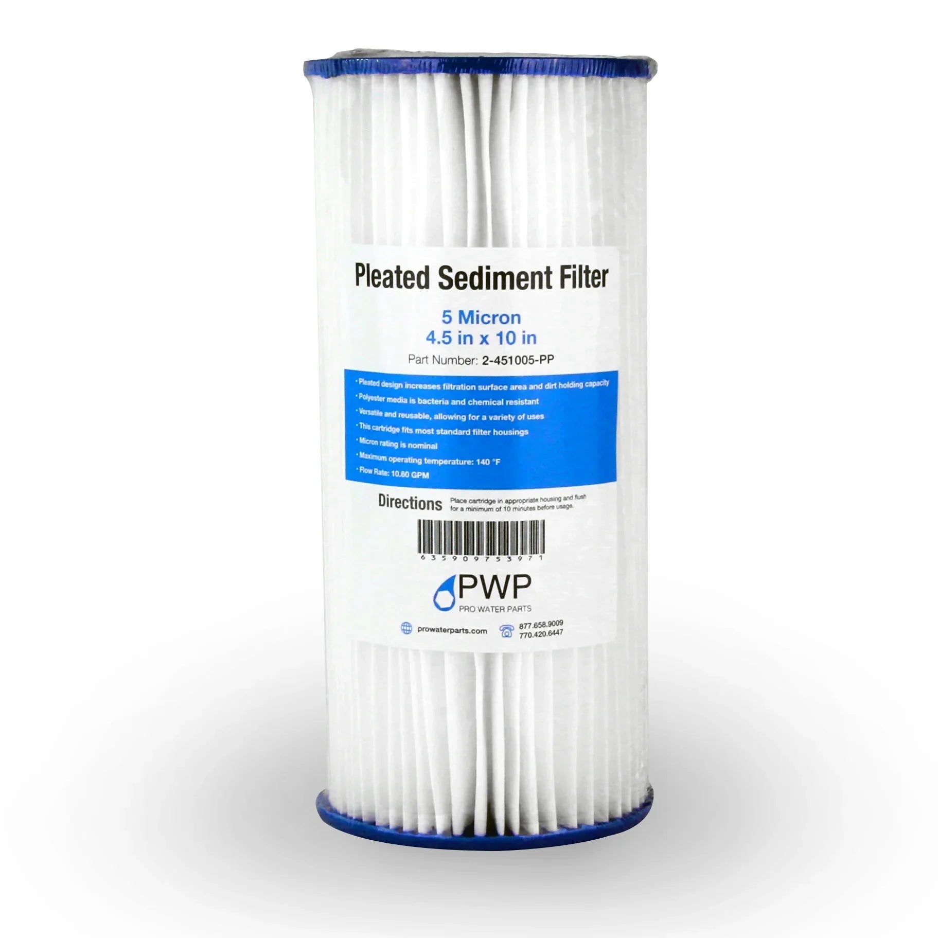 Filter Sediment 20 Poly 4.5x10" Pleated Micron Water Cartridge 5 Pack