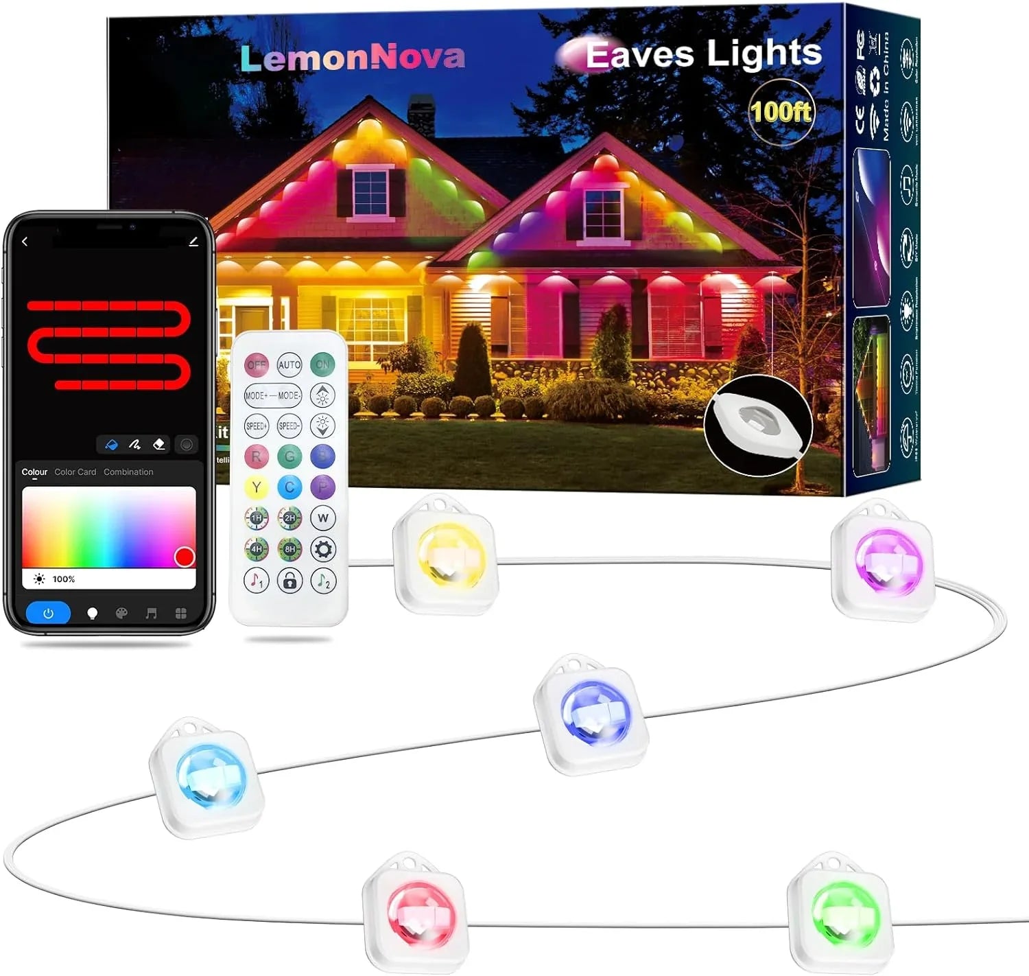 DIY 100ft & Alexa LED Using, RGB with and Lights, Outdoor IP67 Holiday Waterproof, Outdoor Daily Lights Lights for Modes, Suitable Eaves Remote 72 Scene Permanent with Work with