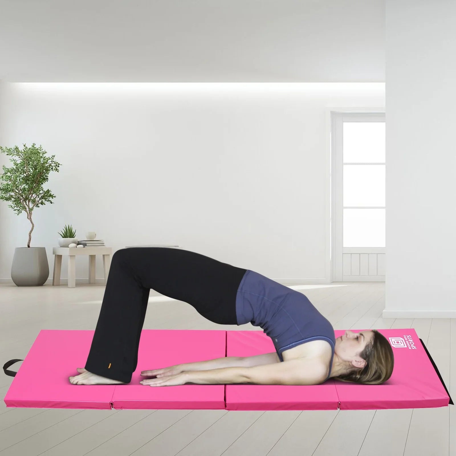 Stretching Pink Yoga, 8'x2'x2" Gymnastics Fold Four for Aerobics Exercise Mat Thick Home Mat Handles Tumbling Foldable Mats Carrying with