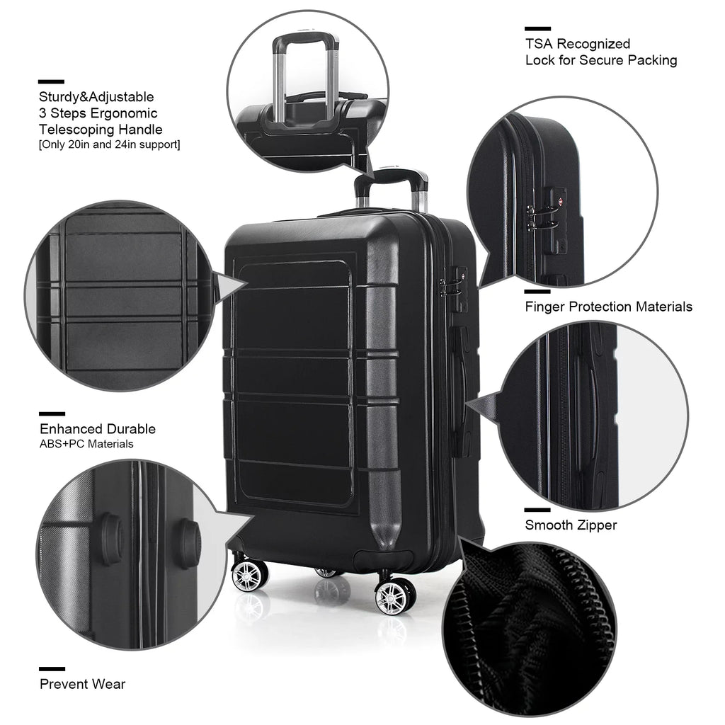 Hardside Black Pcs 3 AEDILYS and 20"/24"/28" Luggage Luggage Set, Lock TSA with Bags,