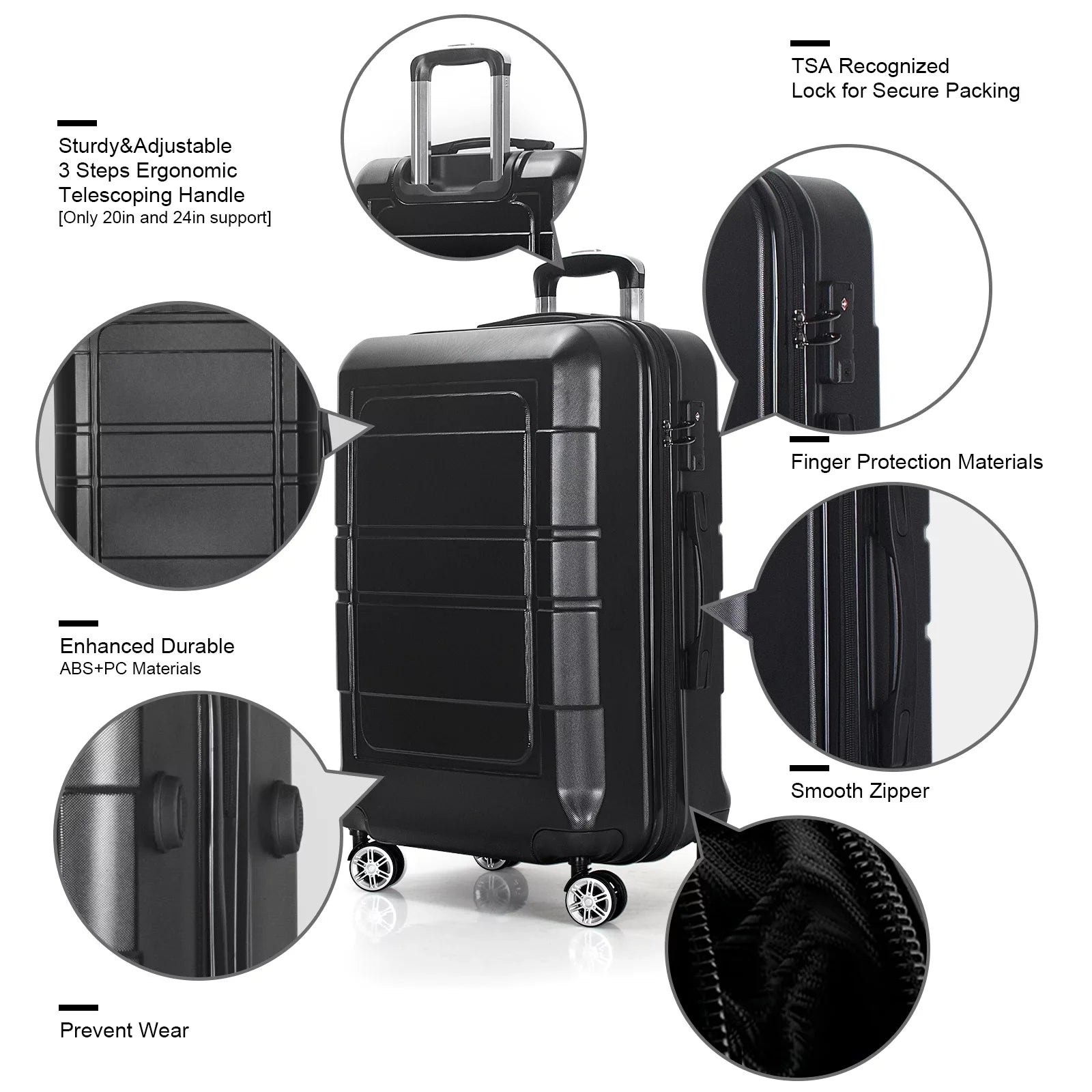 Hardside Black Pcs 3 AEDILYS and 20"/24"/28" Luggage Luggage Set, Lock TSA with Bags,