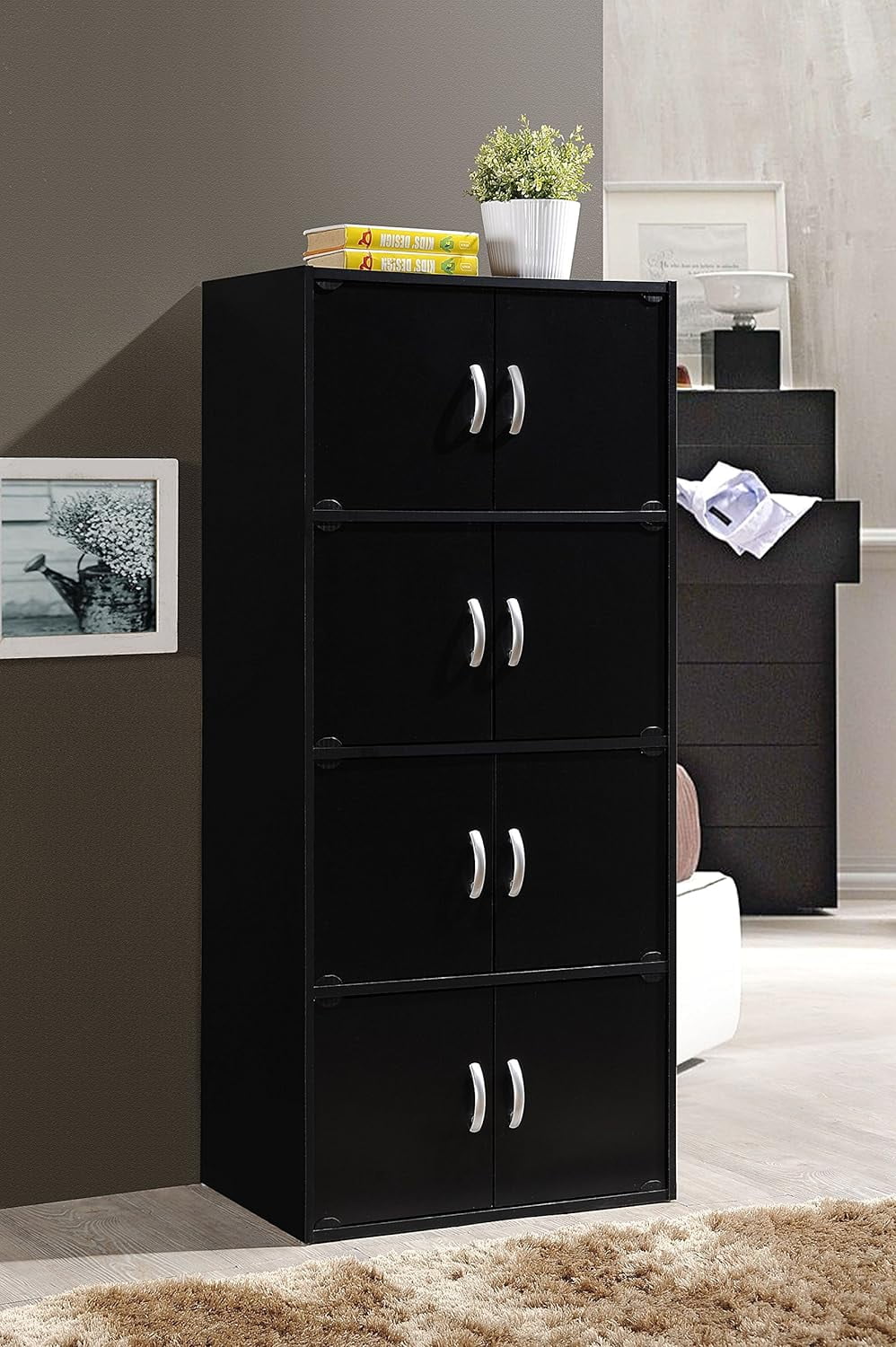Door HID44 Floor Storage Black 8 Cabinet Modern Shelf 4 Duty Installation Mount with Bookcase Hardware, Wooden Multipurpose Heavy