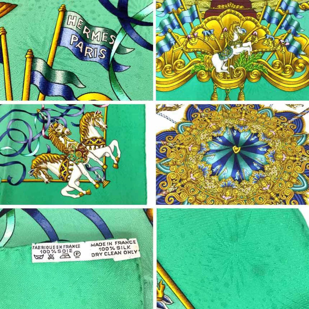aq5159 LUNA Embroidery Amusement Silk 100% Green Scarf Muffler Park (Good) Pre-Owned Carre PARK 90 Hermes Carousel HERMES