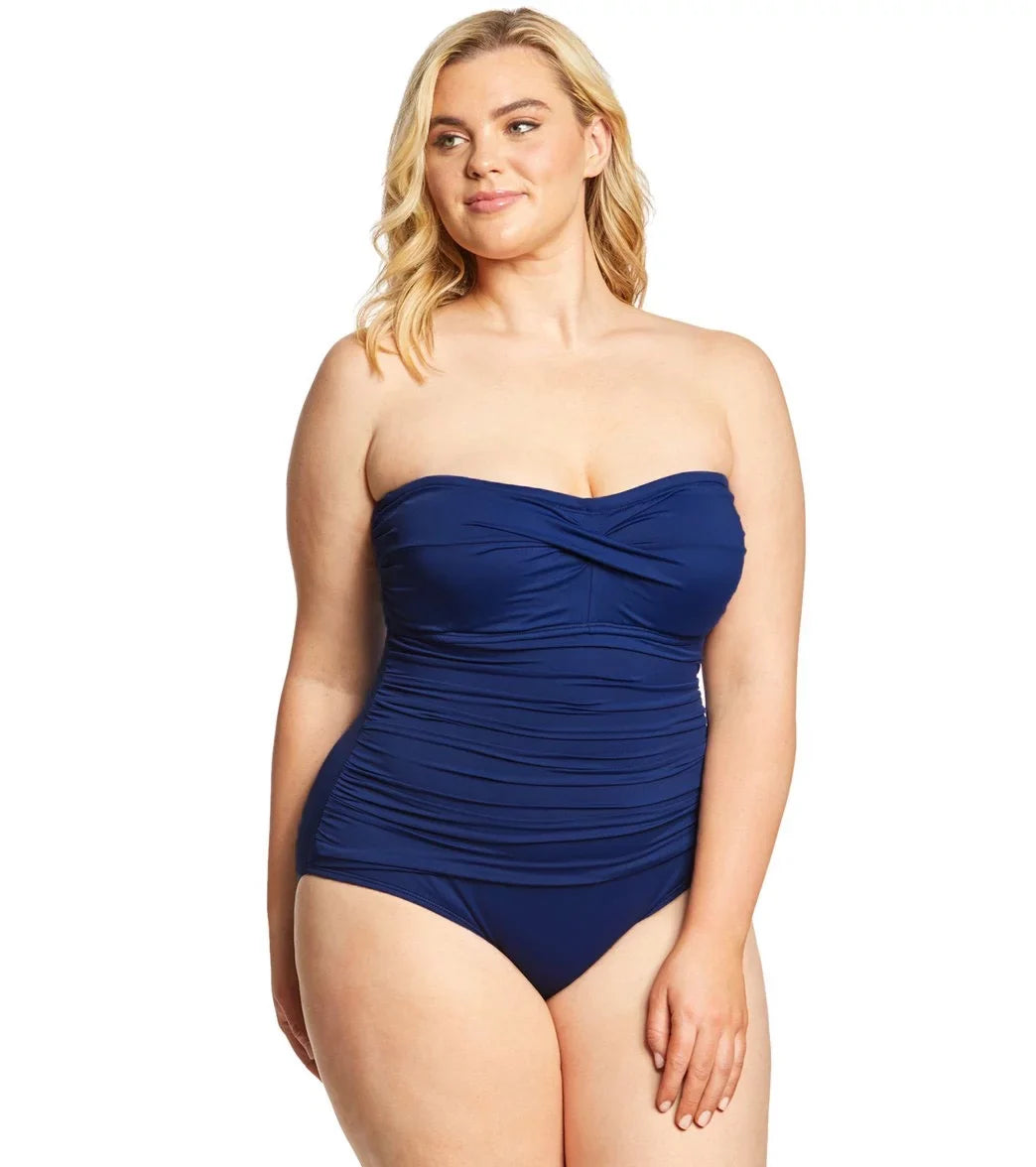 Navy Bandeau 16W Women One-Piece Twist Swimsuit Ralph Plus Lauren Size