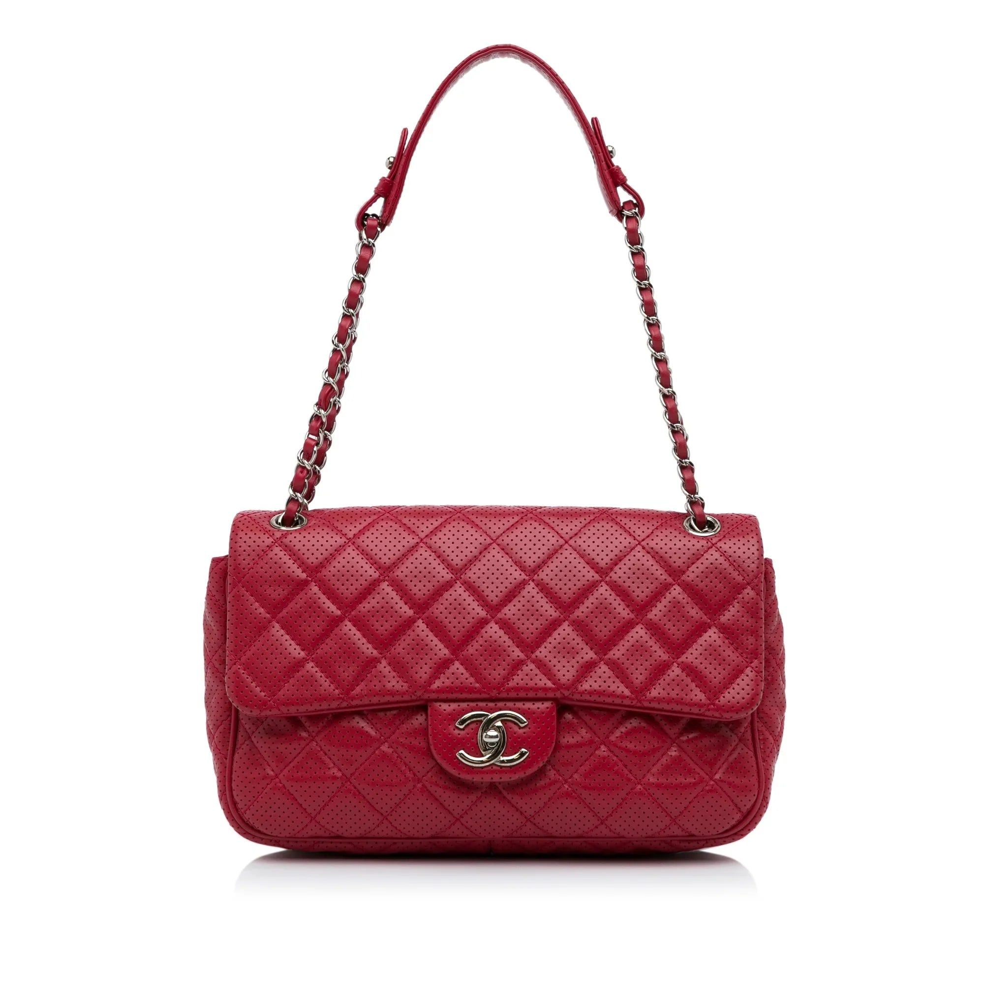 Classic Pre-Owned Chanel Single Bag Lambskin Authenticated Red (Good) Shoulder Perforated Leather Unisex Jumbo Flap