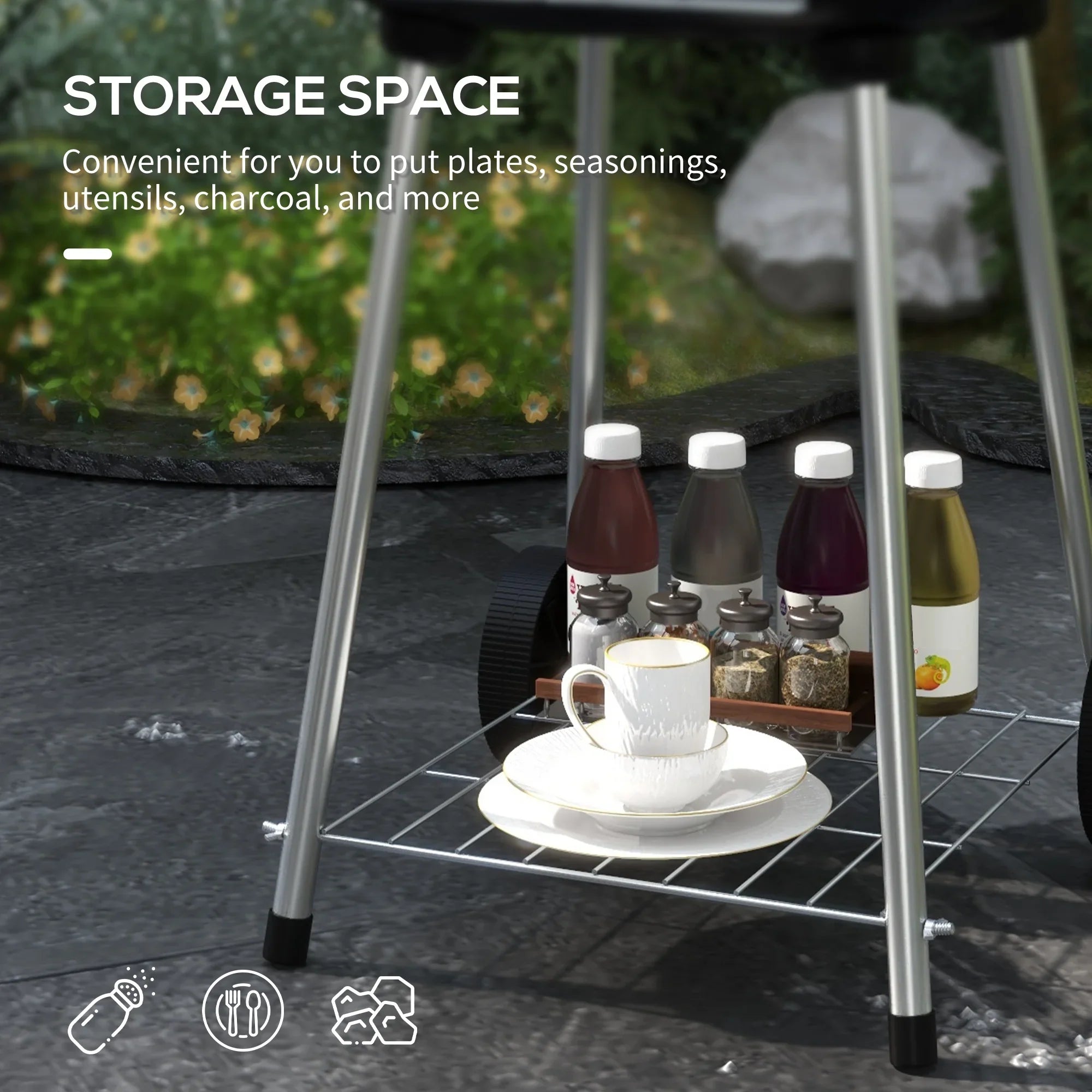 Red Charcoal Outsunny Wheels with Portable Shelf Grill Bottom Picnic, for