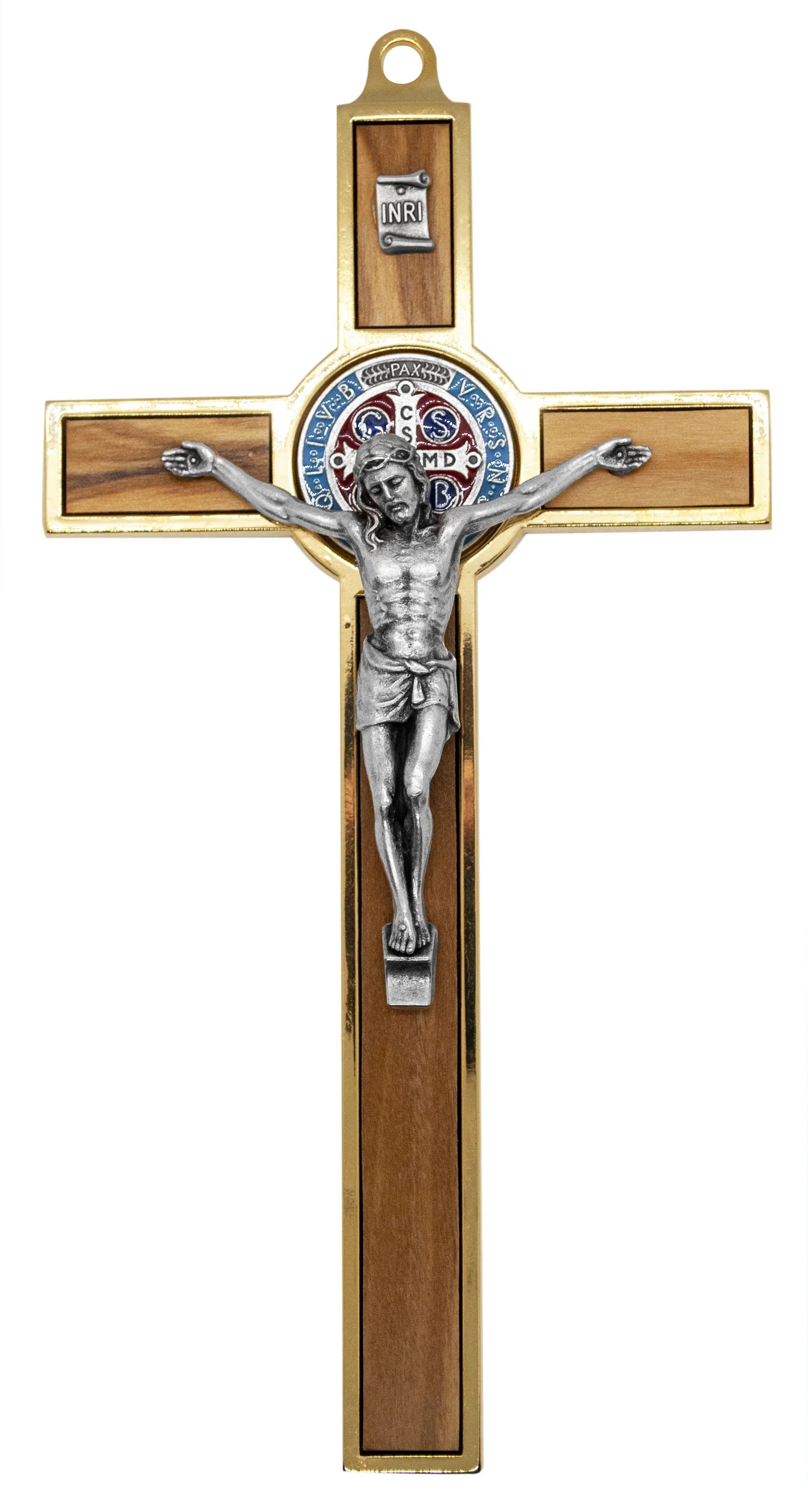 Colored Benedict Crucifix 7.75" with and Medal Wood Inlays Gold-Tone St.