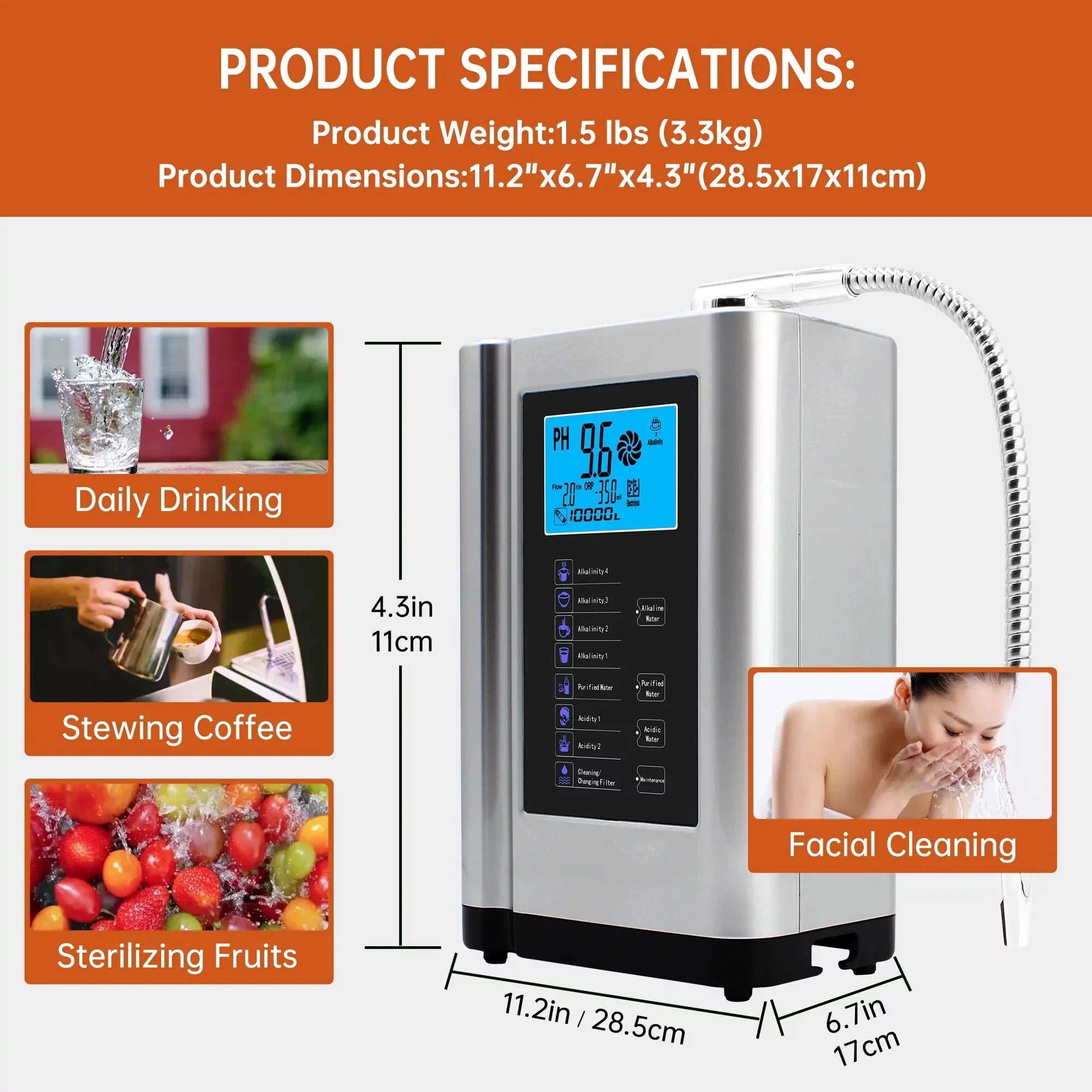 Settings,Auto-Cleaning,Intelligent Water Water Water Filter,7 Alka -500mV Acid to ORP, Alkaline Machine 8000 Purifier Water Per 3.5-10.5 Liters Voice(Silver) PH Machine,Up Ionizer,