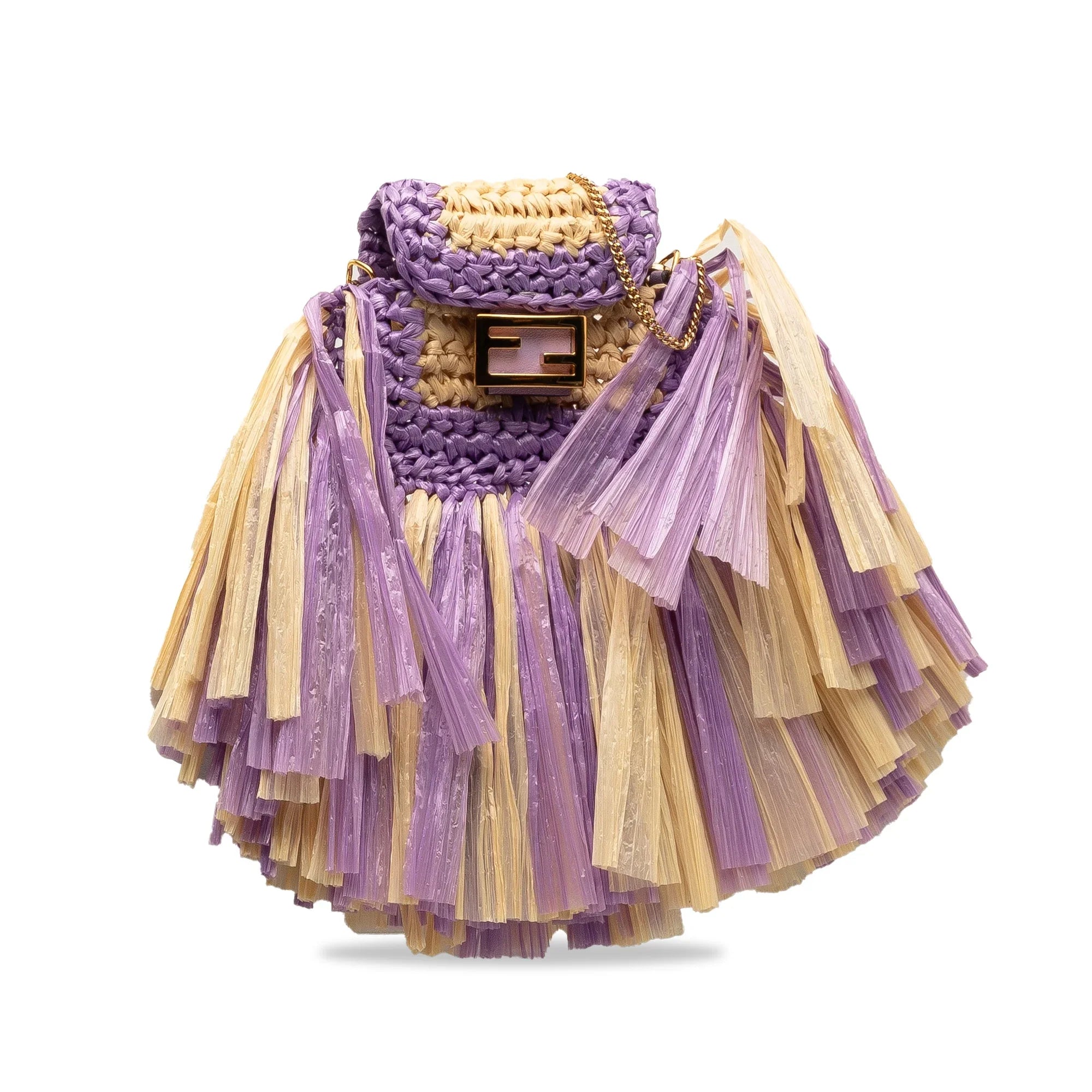 Unisex Pico Intreccio Baguette Bag (Good) Authenticated Purple Material Pre-Owned Raffia Fendi Natural Crossbody