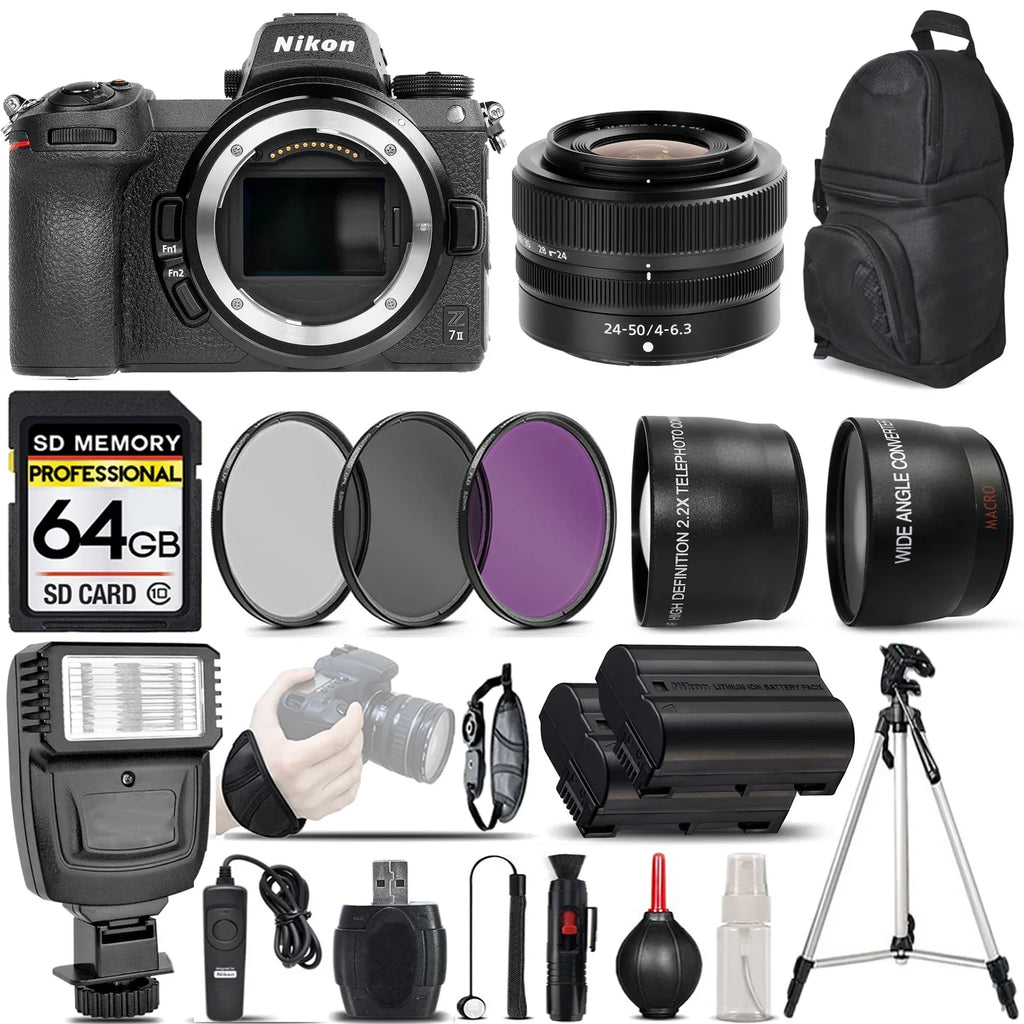Memory Wrist + Flash Mirrorless + Wide Filters + II Remote Nikon + + with 2.2x 0.43X f/4-6.3 + + 64GB Lens Control Card Z7 UV-CPL-FLD Camera Internatio Lens - 24-50mm Angle Digital Grip Telephoto Lens