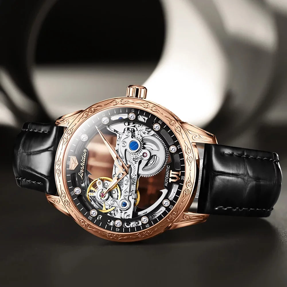 Rose Black Men's Luminous Watch Automatic Skeleton Mechanical Transparent