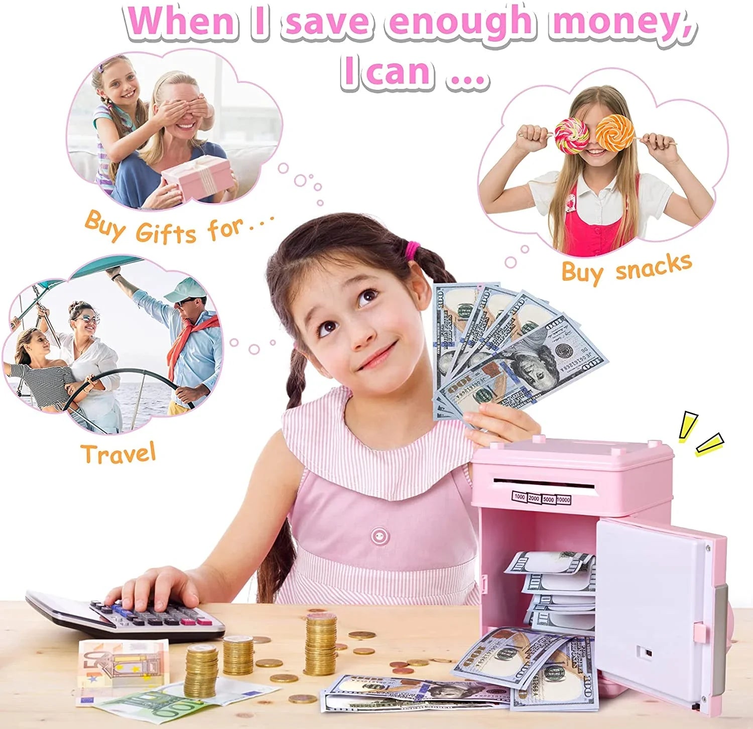 Password Bank Gifts Real Mini Bank Box Savings Saving Kids Coin Cash Adult Machine Electronic for Toy Money Kids ATM Safe Digital Piggy ATM (Pink/Silver) Savings Girls Boys Money