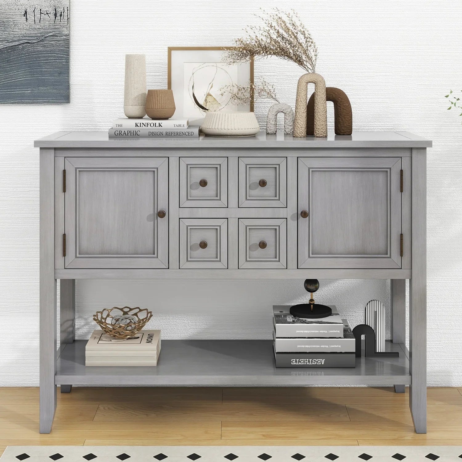 Rooms Small Console (Espresso and Four Drawers Shelf Cambridge Storage OLD with Bottom Ample and Vintage Entrances WF190263AAP) Table for Living TREXM Kitchens Series SKU