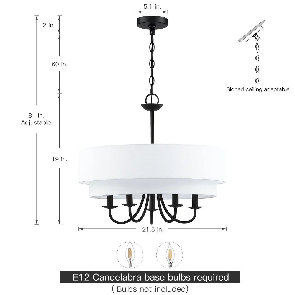 Chandelier FINE 5-Light 21.5"W - TRUE White Light Drum Black Shade Martina with Double