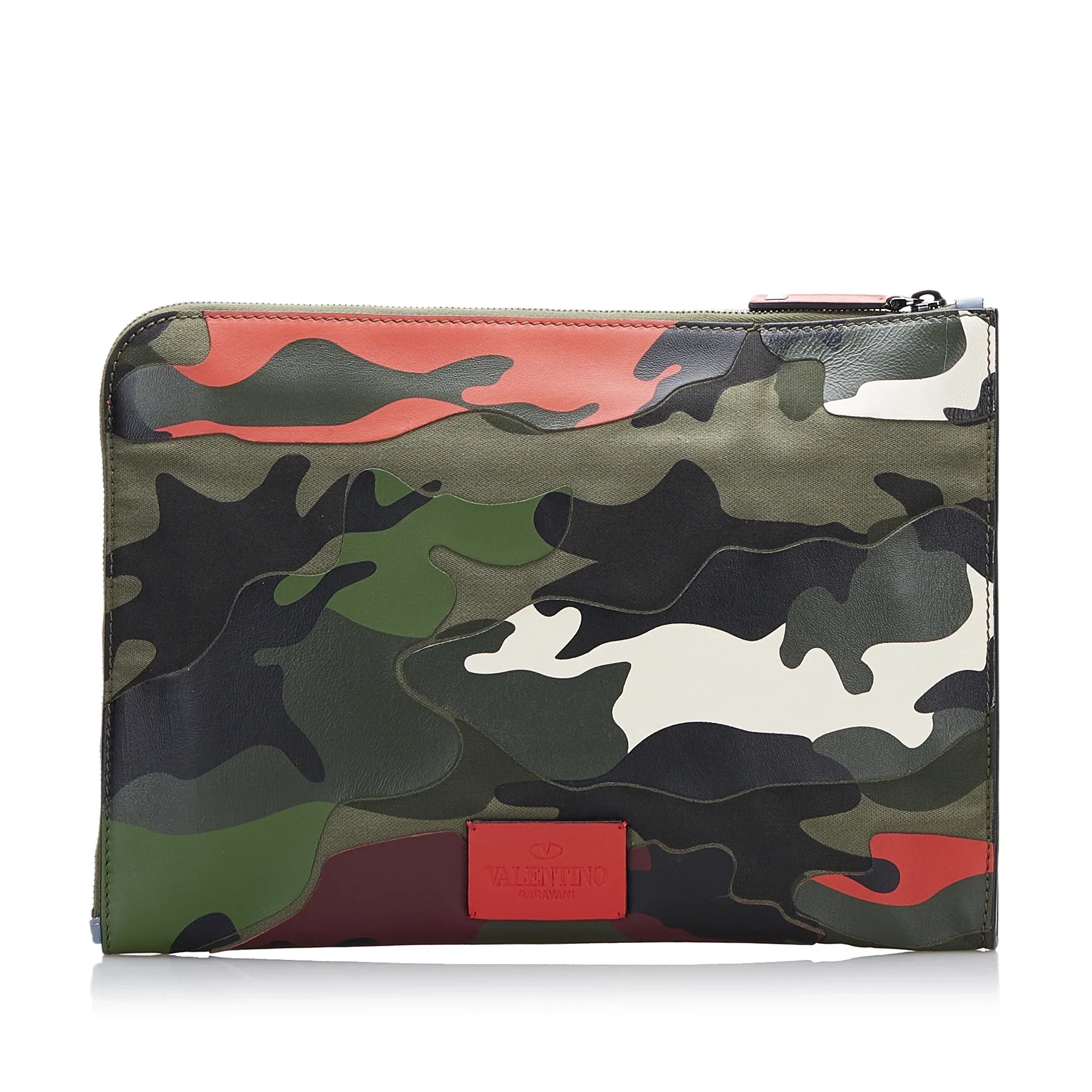 Bag Green Pre-Owned Canvas Leather (Good) Authenticated Valentino Camouflage Unisex Clutch WristletBag Fabric and