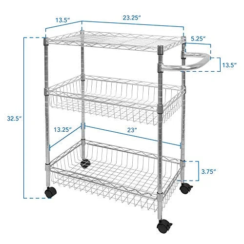 Trolley and | | Mesh Kitchen Multi-Function and | Rolling with Cart Storage Metal Organization Handle Cart Wire Silver Storage 3-Tier Heavy-Duty Wheels Mount-It! for