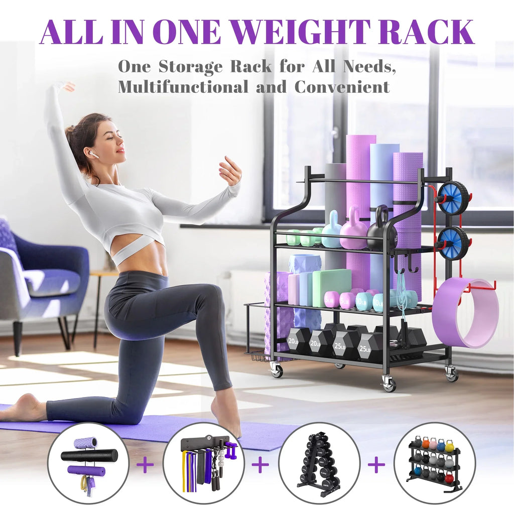 Mat Hooks with Home Storage Organizer Racks, Workout Yoga Rack, Equipment Wheels Storage Mythinglogic Gym Storage