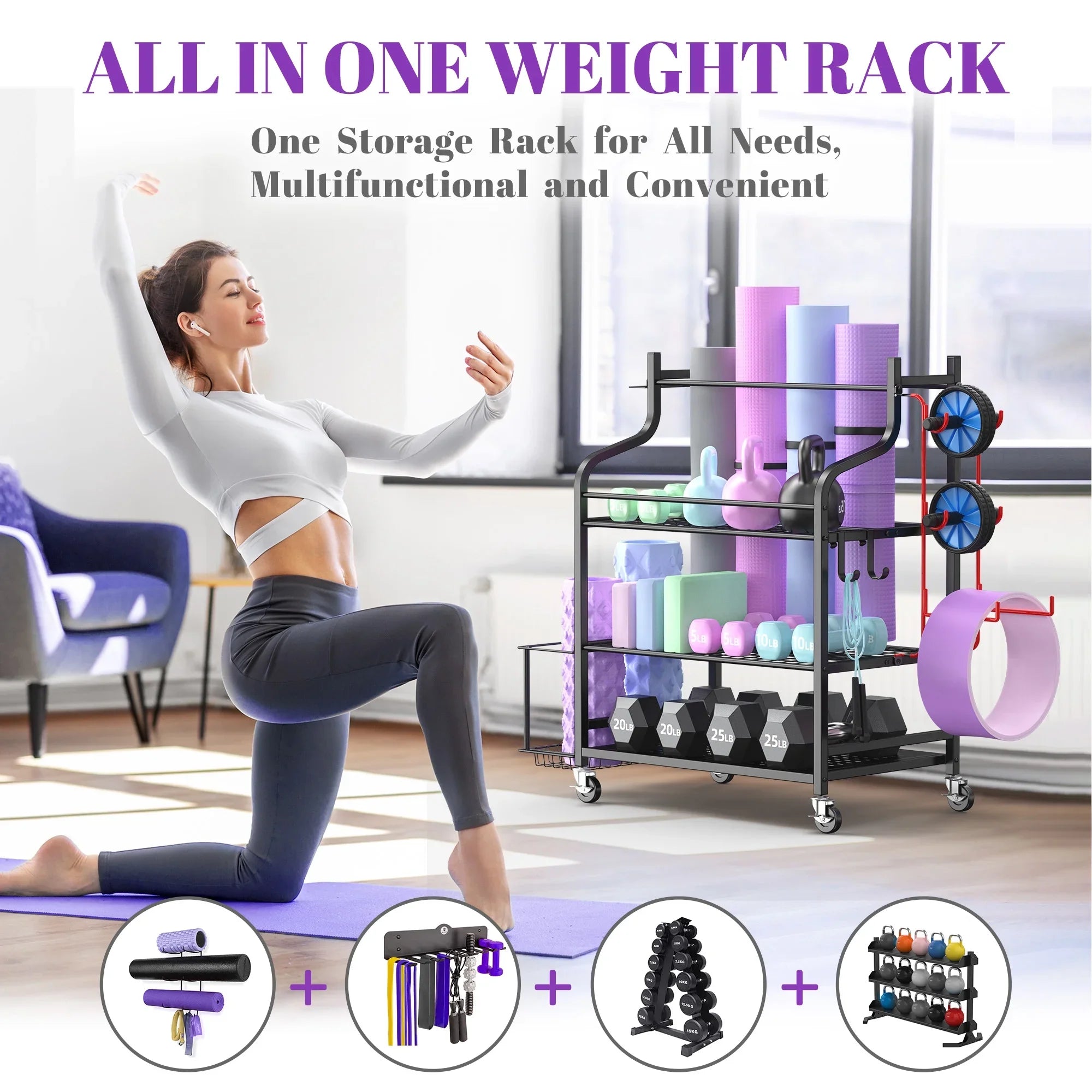 Mat Hooks with Home Storage Organizer Racks, Workout Yoga Rack, Equipment Wheels Storage Mythinglogic Gym Storage