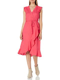 KARL Cocktail Neck Zippered V Sleeveless Faux Womens Wrap Coral LAGERFELD Dress Knee Ruffled 14 Length