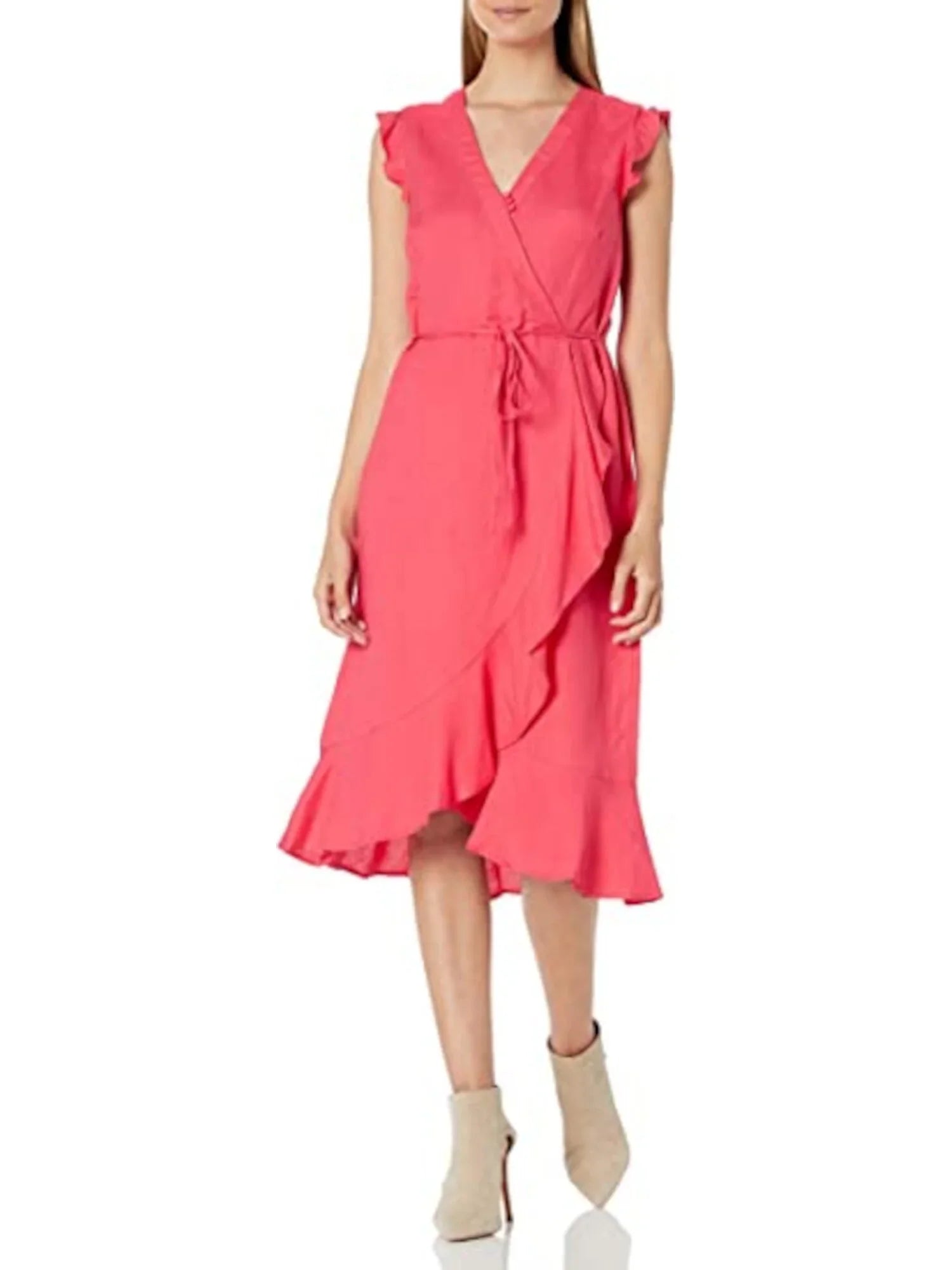 KARL Cocktail Neck Zippered V Sleeveless Faux Womens Wrap Coral LAGERFELD Dress Knee Ruffled 14 Length