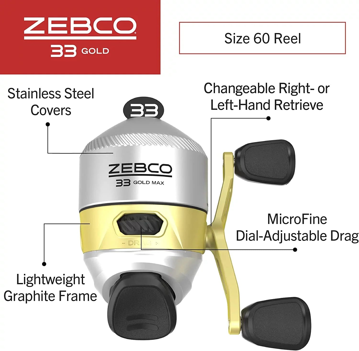Anti-Reverse, Zebco Bearings MAX Gold Frame Dial-Adjustable Fishing Drag, MicroFine with 2.6:1 Silver/Gold 33 Lightweight 2+1 Powerful and and Ratio a Gear Instant Graphite a Smooth Spincast and Reel,