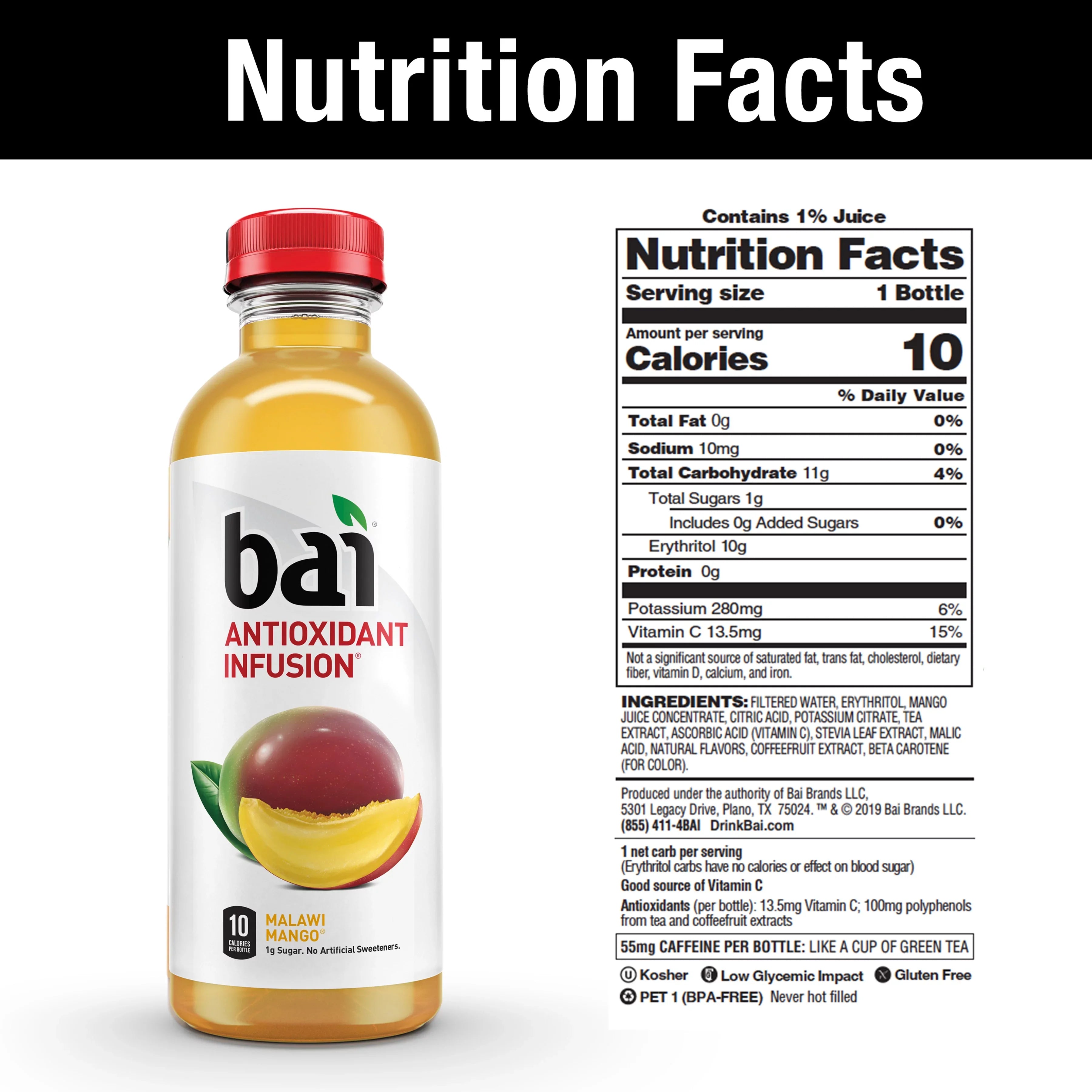 Oz, Gluten-Free, Bai Bottles Infused 12 18 Drink, Mango, Fl Pack Malawi Antioxidant