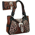 Brown Floral Bag Western - Wallet Embroided Black Studded Set Shoulder