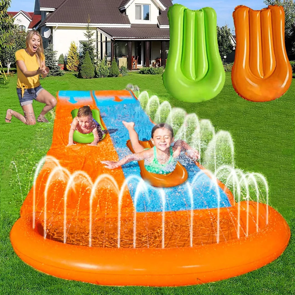 Racer Water Water Sprinkler Slides Adults (Yellow Blue) & Double Kids with Lawn Slide Slip Summer Toys ,16Ft Water Toy + with Terra for Splash
