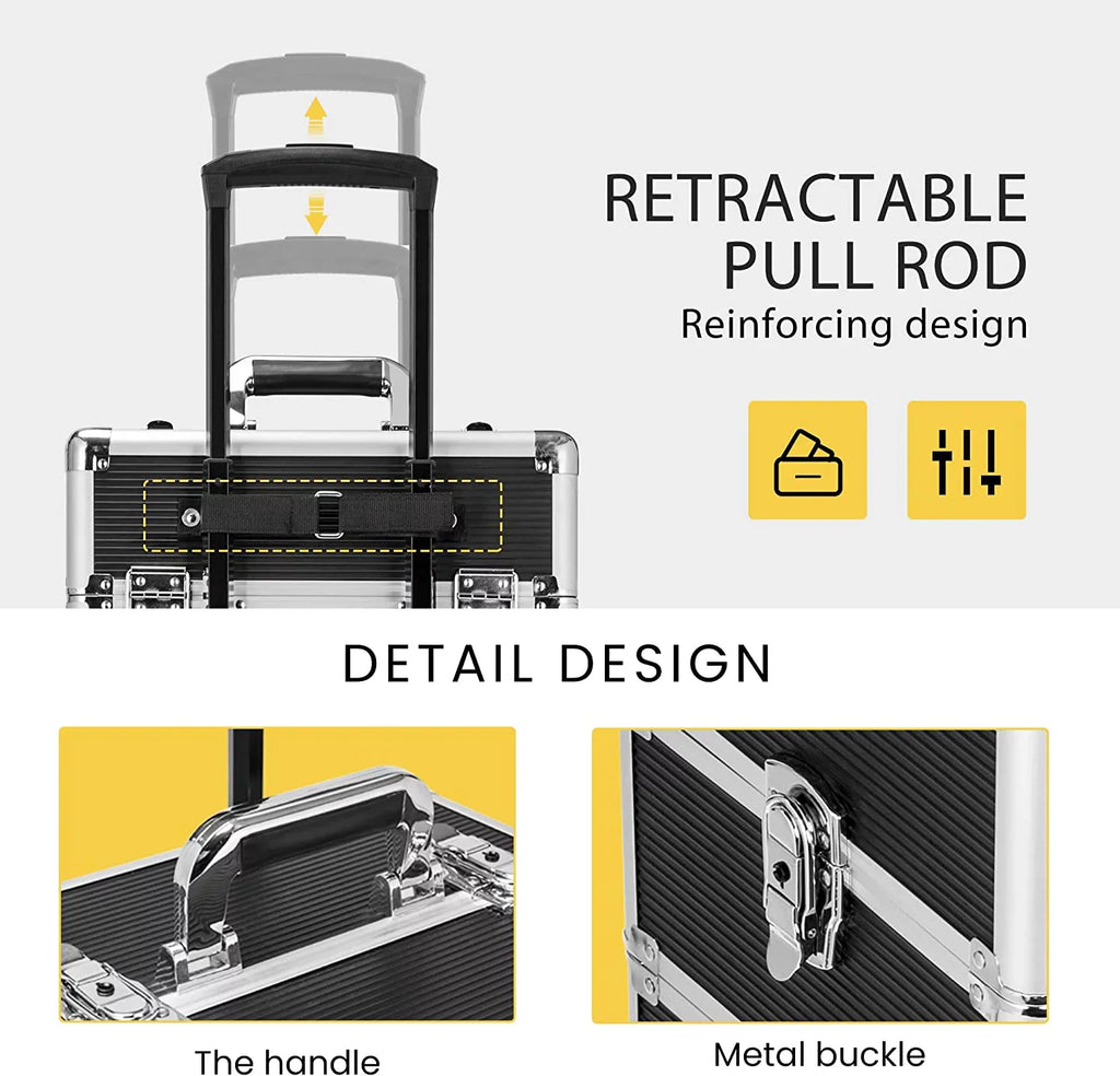 Rolling included) VIVOHOME with not Keys Case Train 4 in Cosmetic Black(Cosmetic are Trolley 2 Straps Shoulder 1 Makeup Aluminum Professional Organizer Box