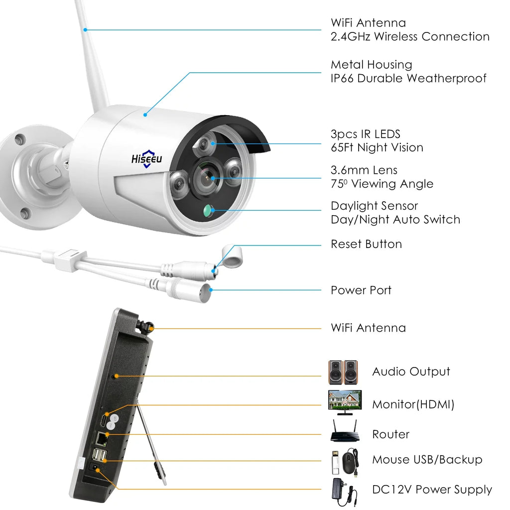 Security for 3MP System Wifi Remote Camera Camera 4Pcs Hard View, Security 12.1" (Supports Cameras Wireless Wi-Fi) Monitor, Only 2.4Ghz Hiseeu with Recording Home Security Drive, and 3TB System