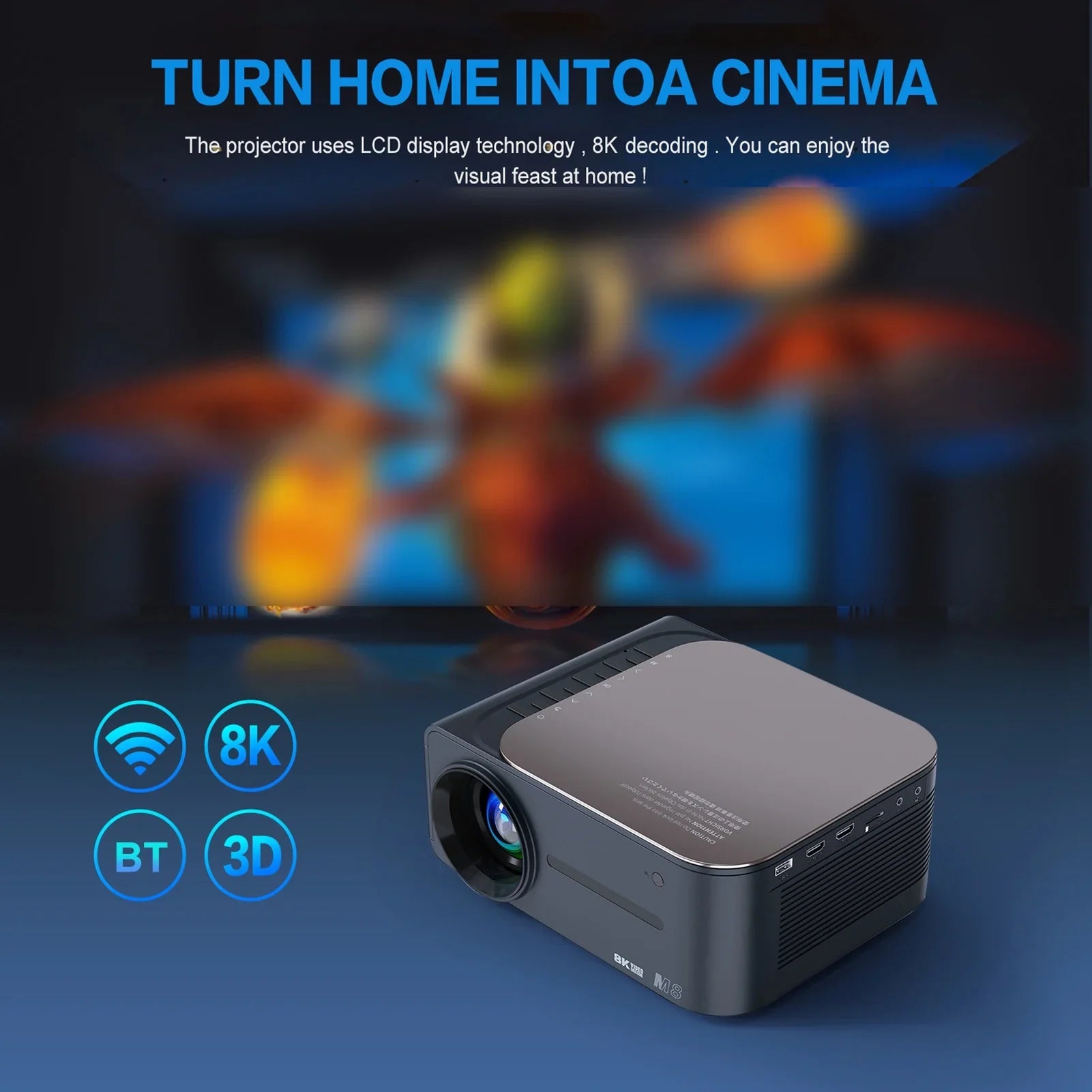 Intelligent 80,inch Keystone 8K Screen 9 Android HDR 2.4G+5G Voice Large Clear Correction Control BT5.0 moobody WiFi Projector AI Ultra