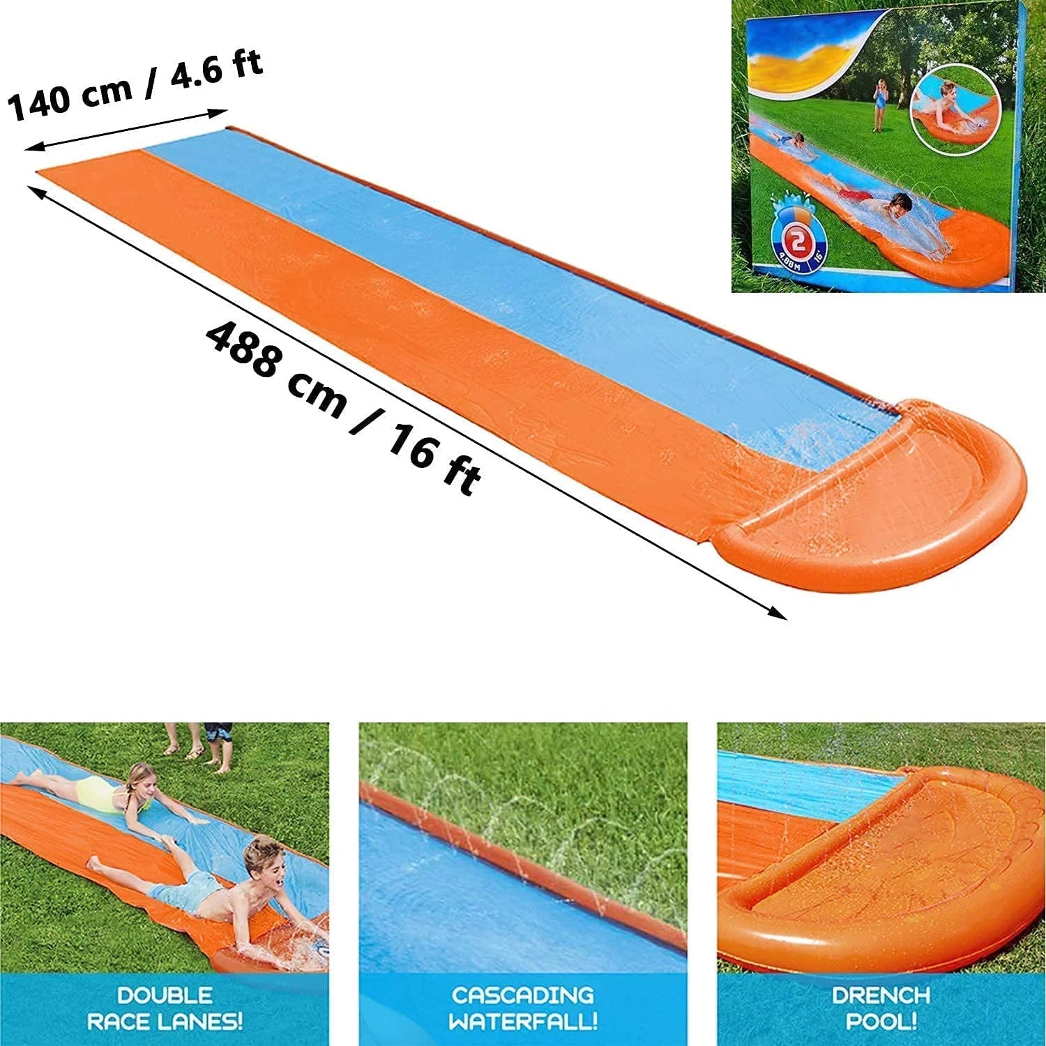 Racer Water Water Sprinkler Slides Adults (Yellow Blue) & Double Kids with Lawn Slide Slip Summer Toys ,16Ft Water Toy + with Terra for Splash
