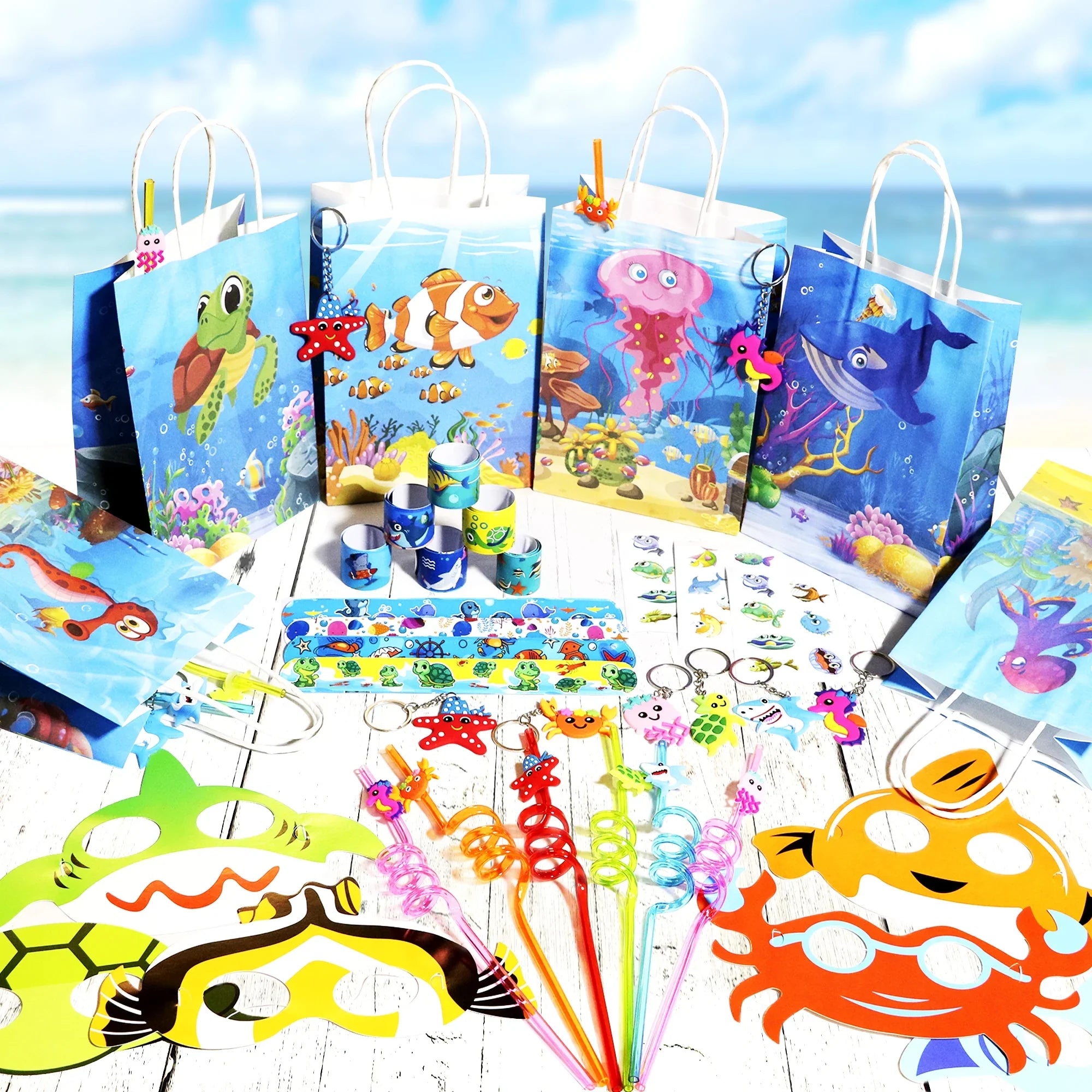 Keychain The Party Style Supply Sea Birthday The Kids Animal Ocean Pcs Stickers party Sea Bags 72 12 Set For Favors, of Under Treat Straw Under Mask