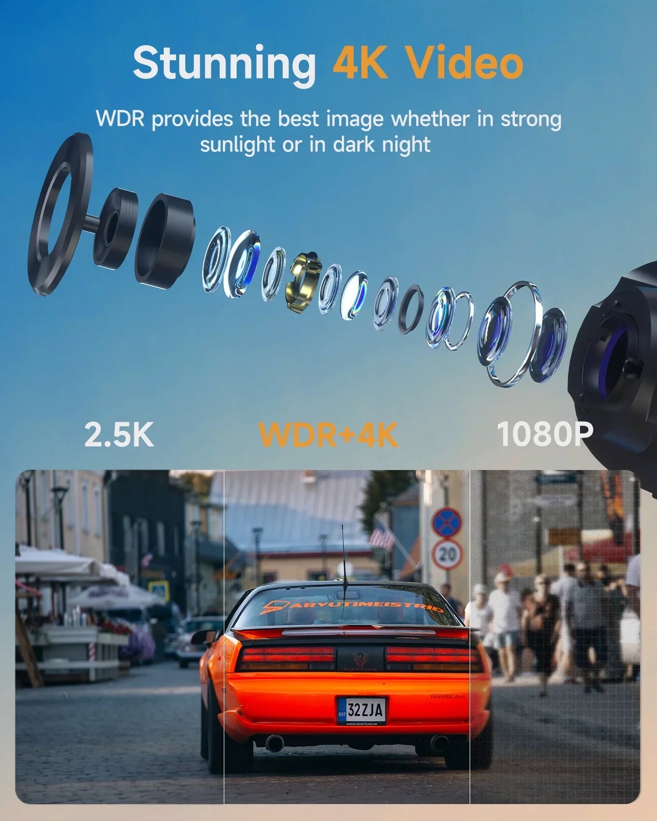Angle, Rear, Cam G-Sensor,Black Dash WiFi Vision,Parking Car Screen, Mode, Dashcam and with WDR, GPS,4K+1080P LCD Night Front 170° Dash Wide 2" 4K Camera,