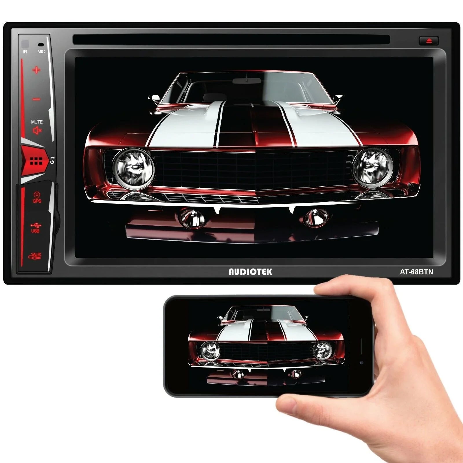 Screen 6.2" Radio Bundle Rearview XV95BK Link+ AT-68BTN Touch Camera Audiotek Mirror